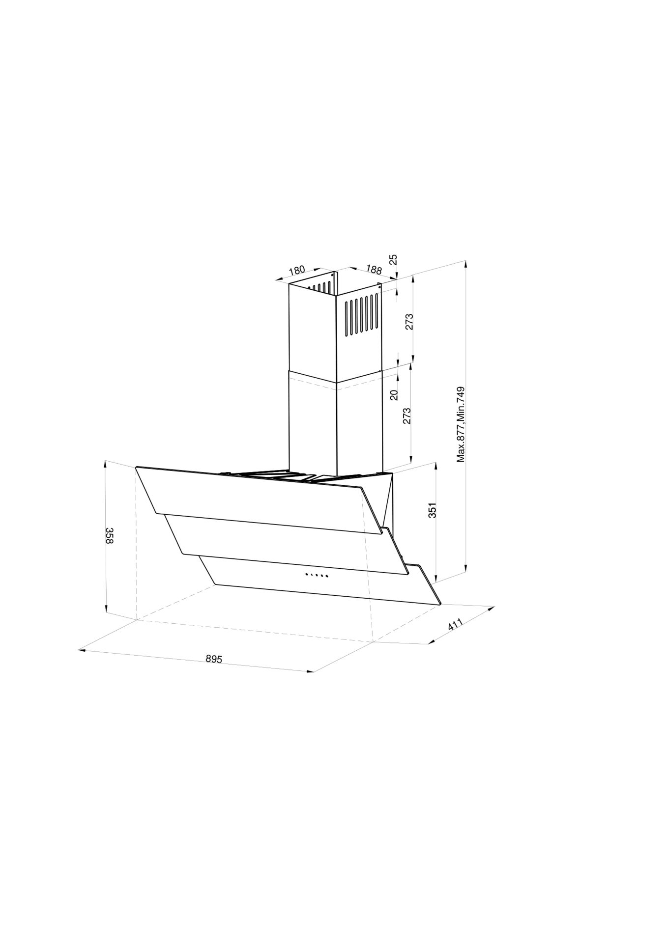 Dessin technique d'une hotte aspirante avec dimensions.