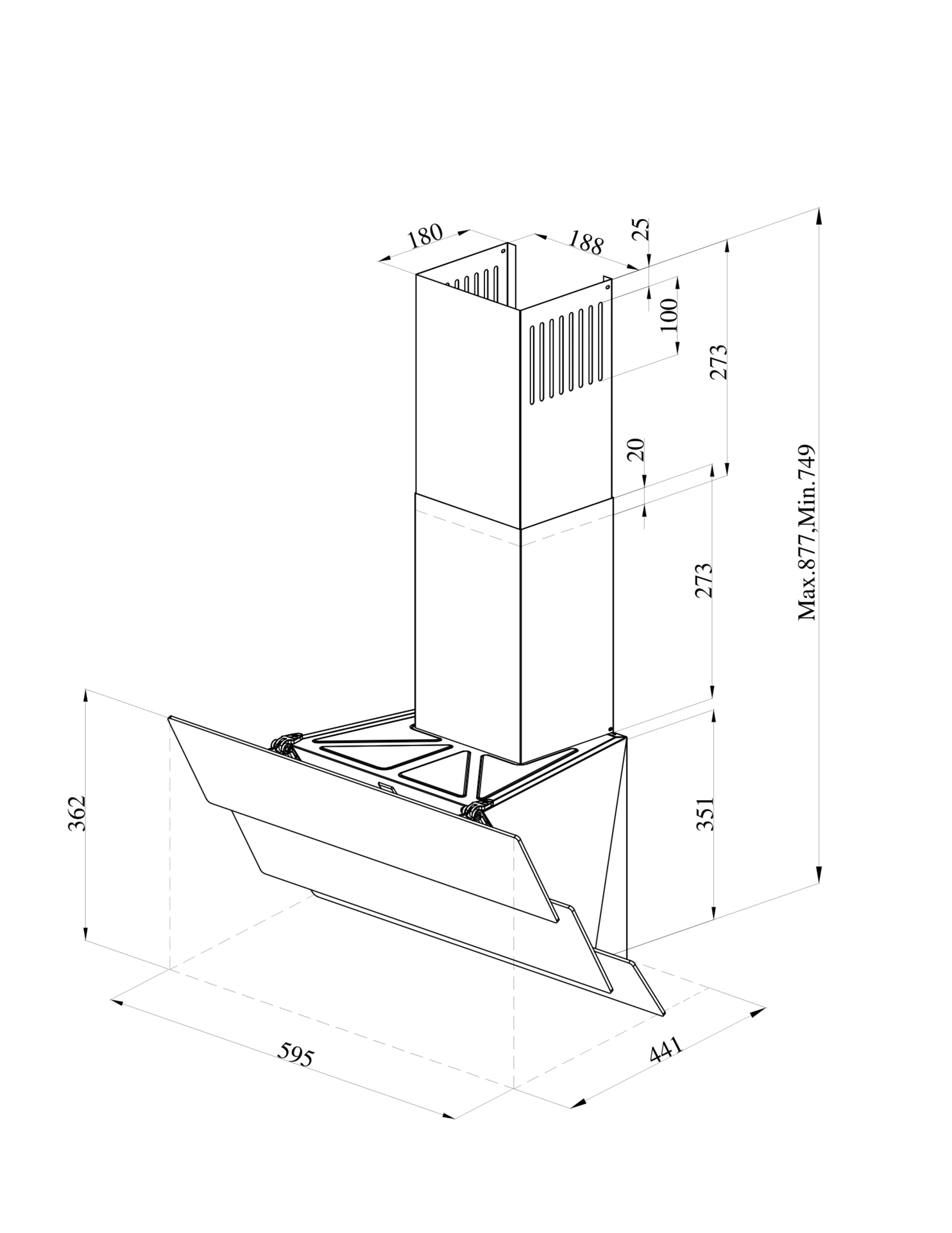 Dessin technique d'une hotte de cuisine, montrant dimensions et détails.