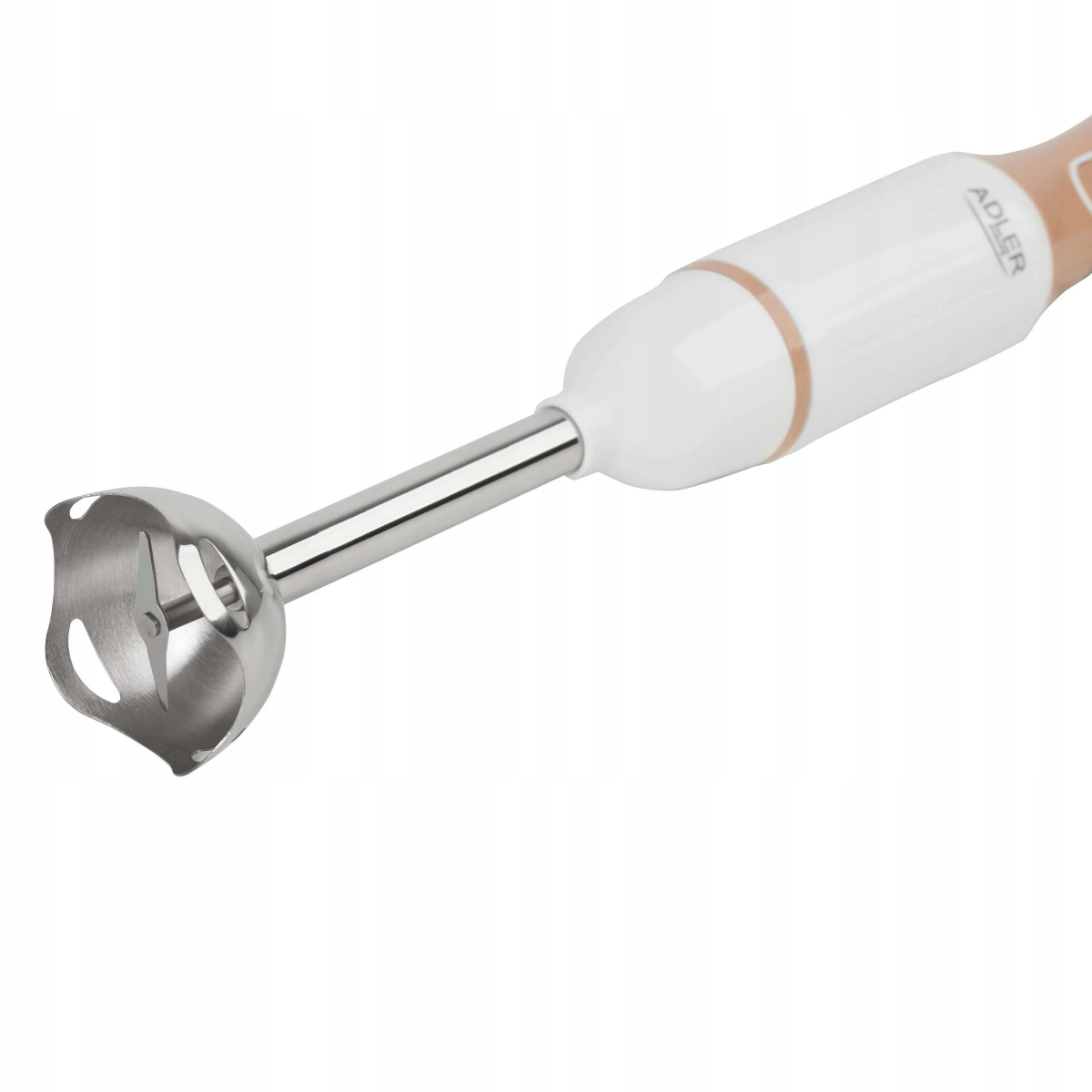 Końcówka blendera ręcznego z ostrzem, biało-brązowym uchwytem, na białym.