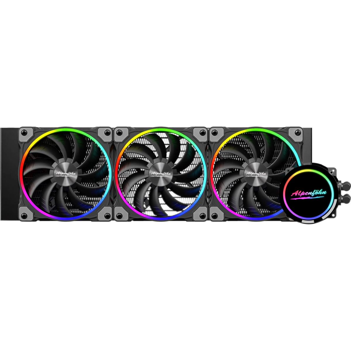 L'immagine mostra un sistema di raffreddamento a liquido per computer con tre ventole e una pompa. È dotato di illuminazione RGB.