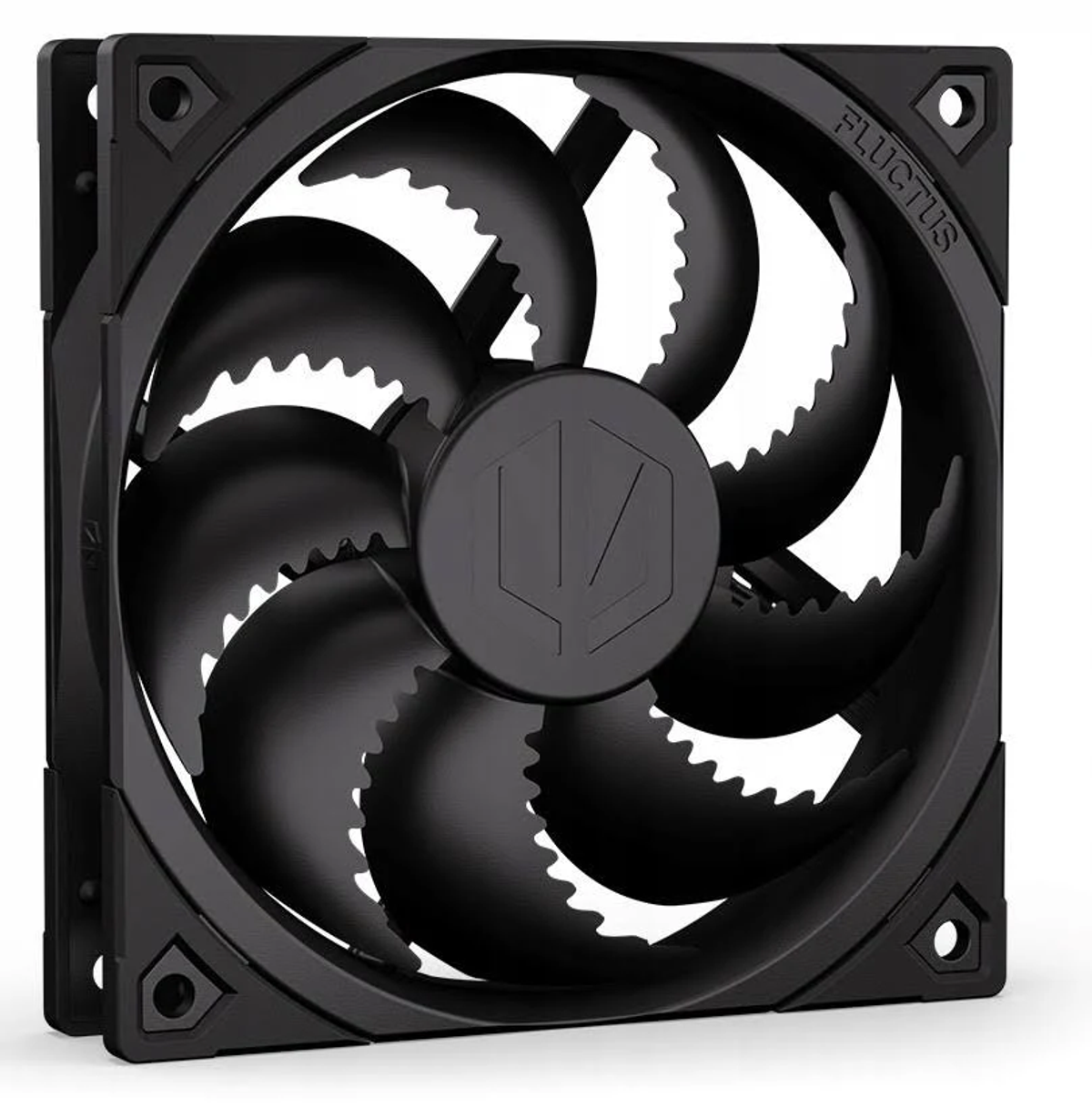 Schwarzer PC-Lüfter mit gebogenen Flügeln, einem zentralen Logo und Befestigungslöchern.