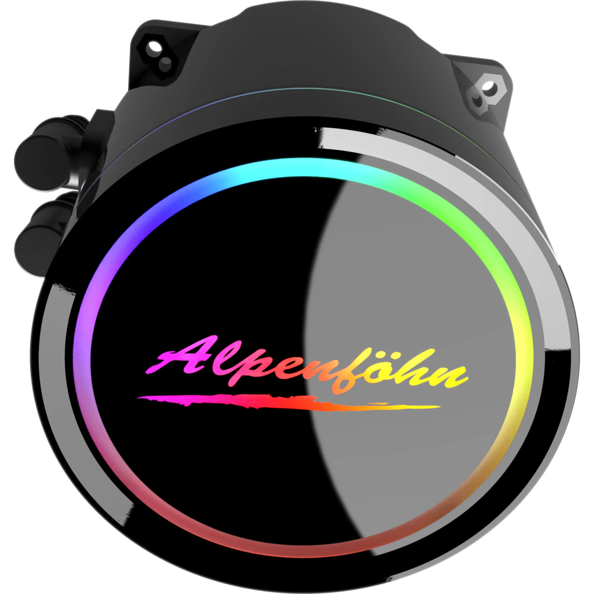 Dissipatore per computer nero con illuminazione arcobaleno e nome Alpenföhn al centro.
