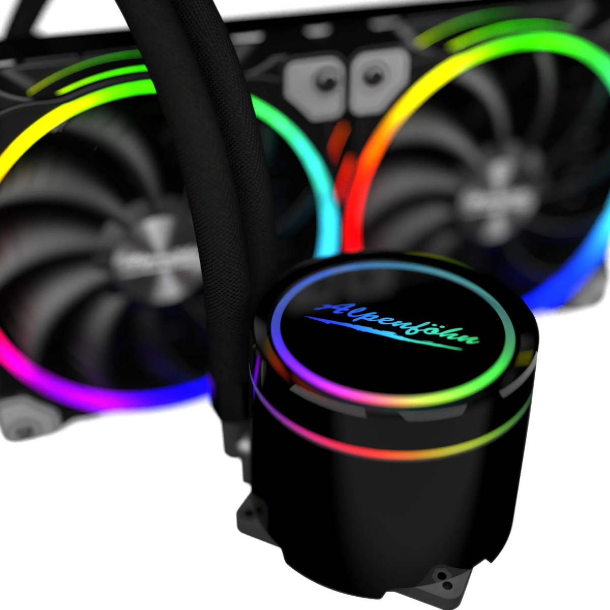 Sistema di raffreddamento a liquido per computer con ventola e pompa RGB circolare.