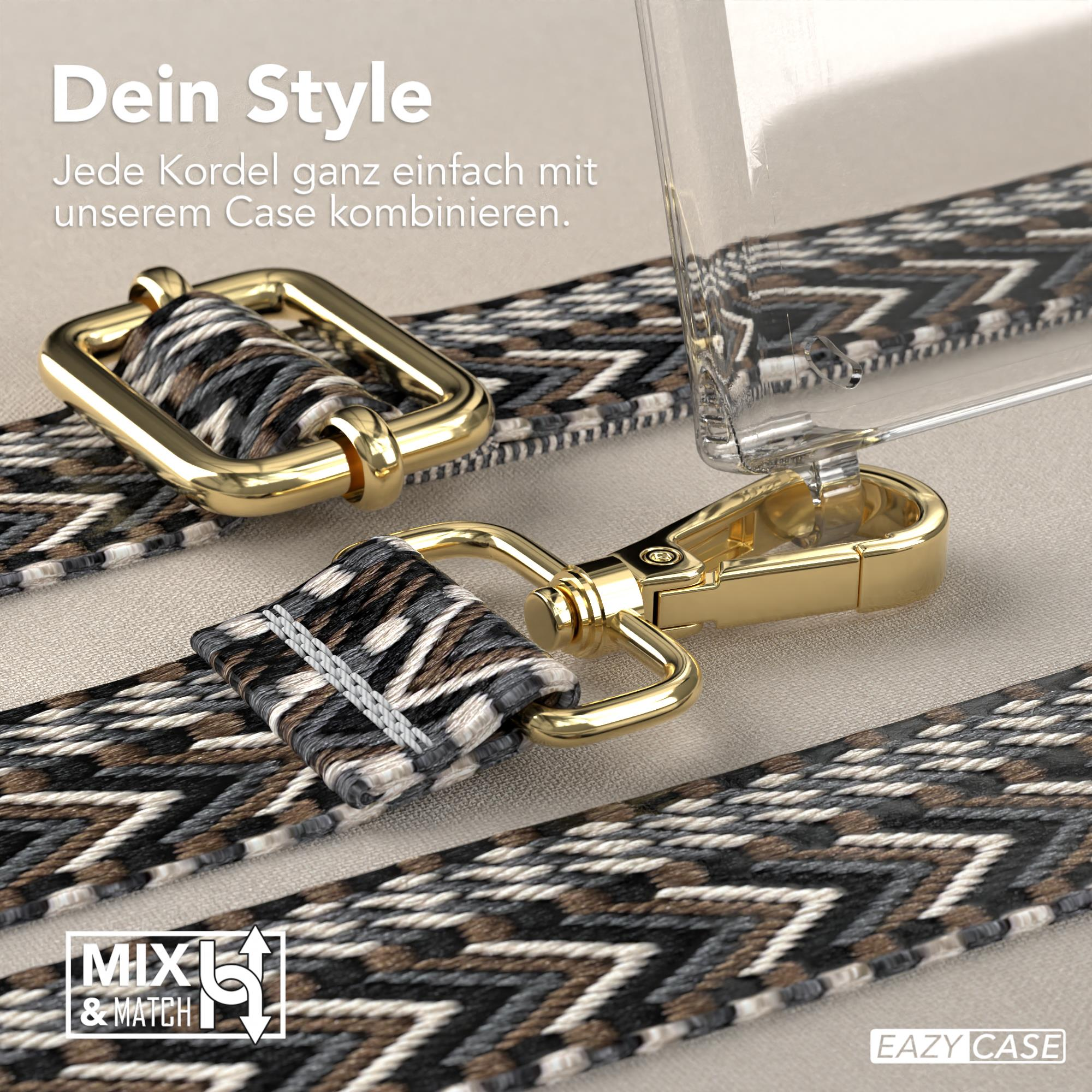 Nahaufnahme eines Telefonriemens mit goldener Hardware und Stoffmuster.