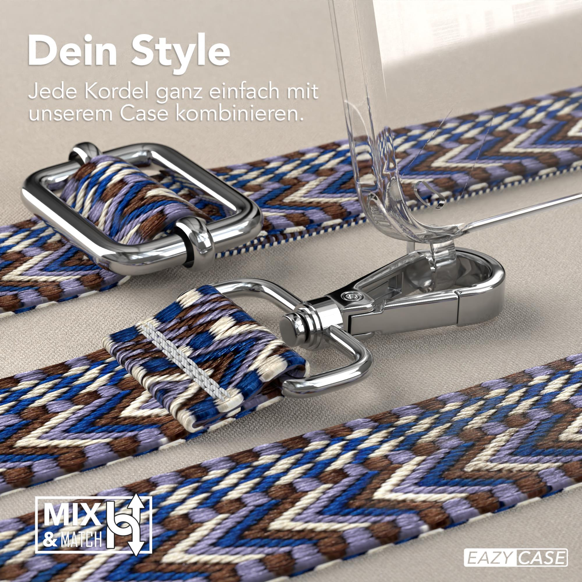 Nahaufnahme von gemusterten Trägern mit Metallschnallen, die ein Handyhüllen-Zubehör bewerben.