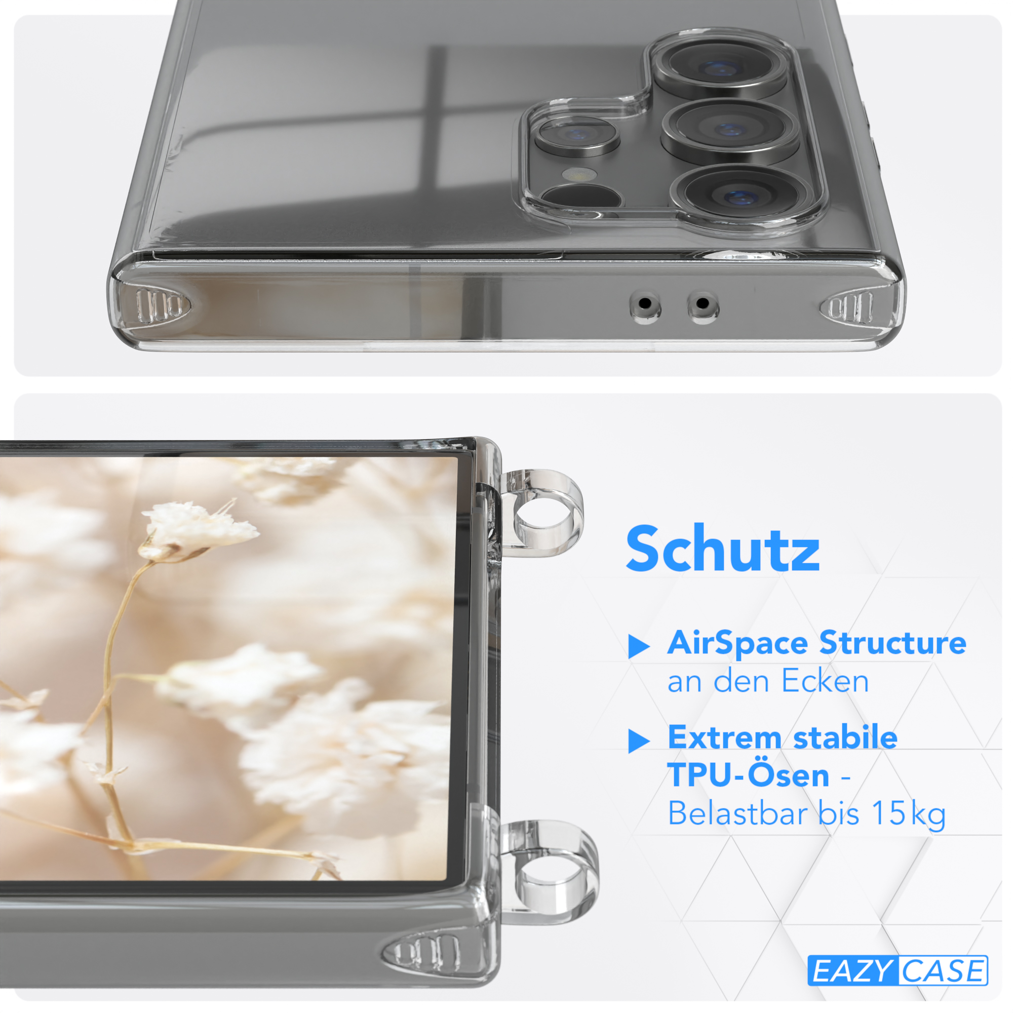 Transparente Handyhülle auf einem Handy. Text über AirSpace-Struktur und TPU-Ösen. Weiße Blume im Hintergrund.