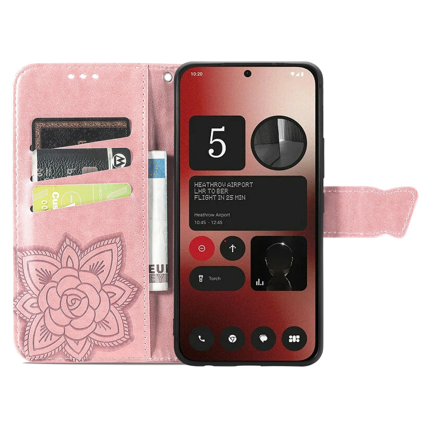 Rosa Handyhülle mit Handy. Brieftaschenstil mit Kartenfächern und Blumendesign.