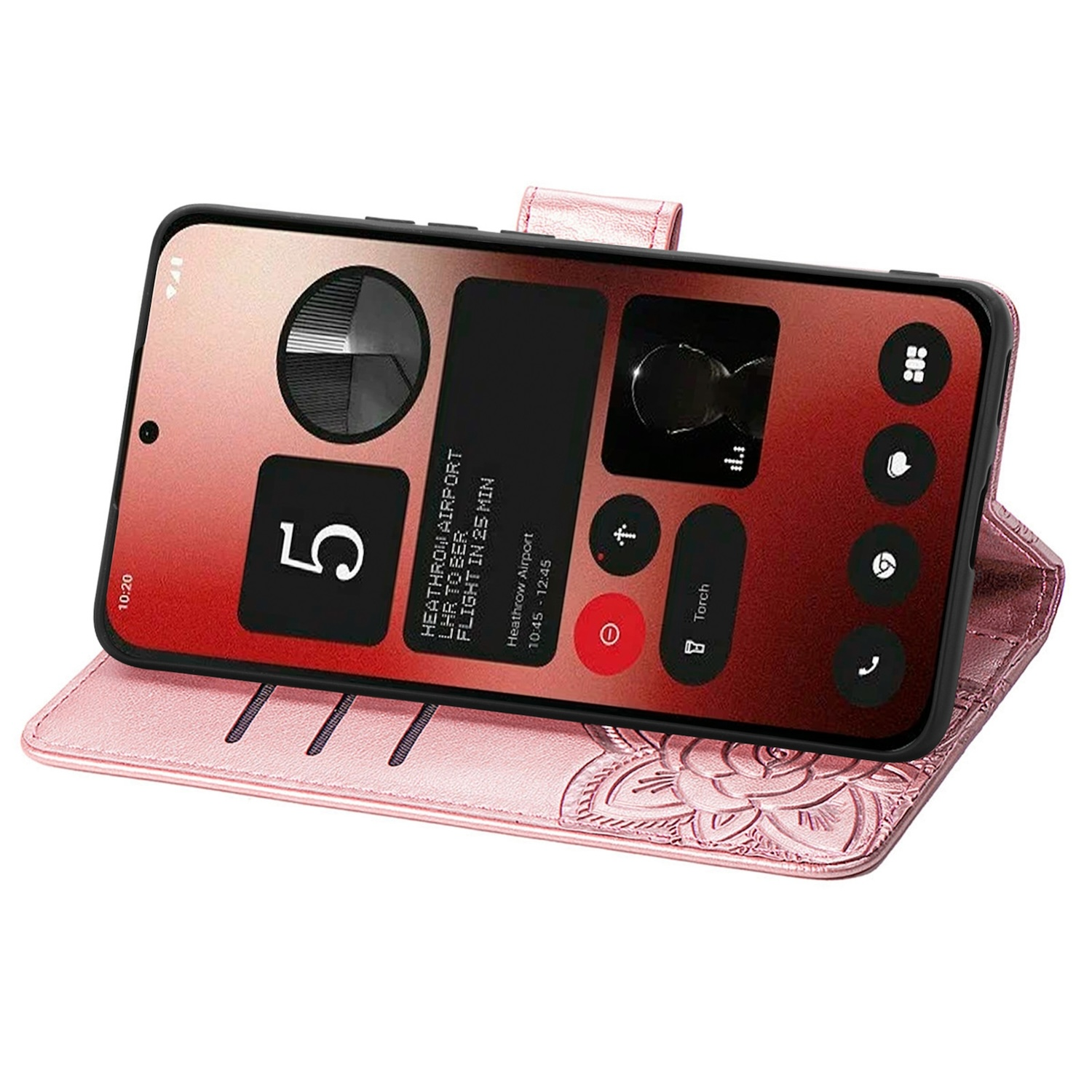 Ein rotes Telefon wird offen in einem rosa Lederetui gezeigt. Der Bildschirm zeigt eine digitale Oberfläche.