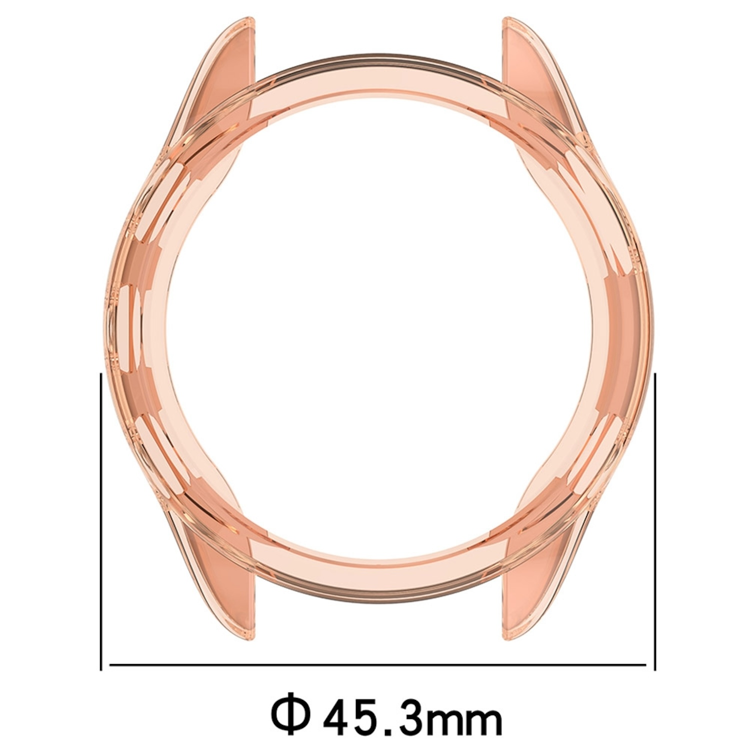 Ein roségoldenes Uhrengehäuse mit einem Durchmesser von 45,3 mm, mit weißem Hintergrund.