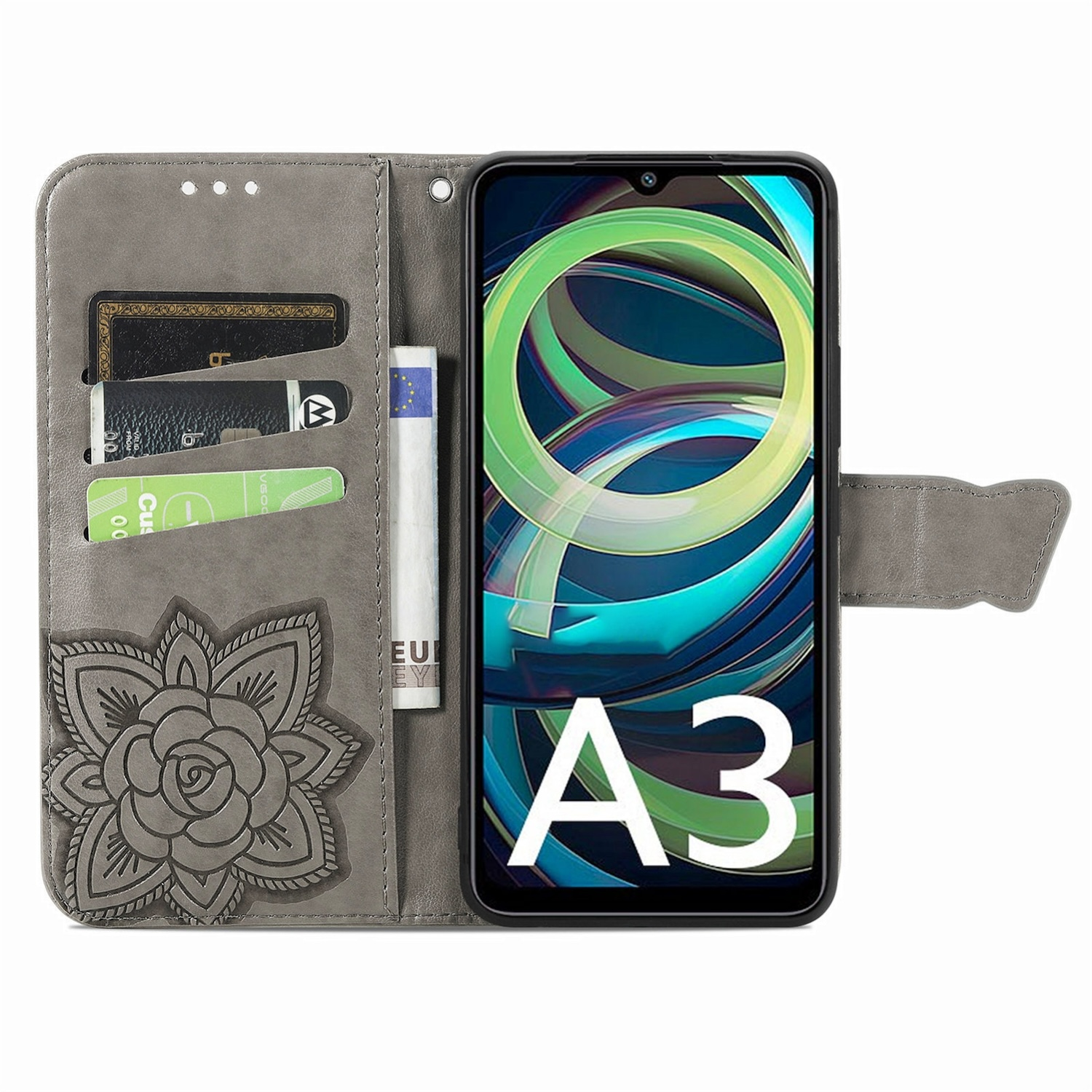 Una funda gris para teléfono con diseño floral. El teléfono muestra aplicaciones y una tarjeta bancaria.