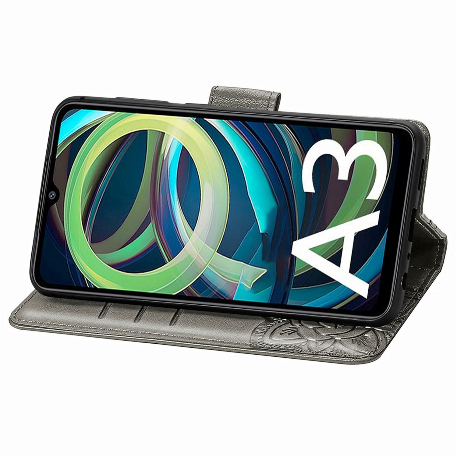 Funda de teléfono gris abierta con un teléfono móvil dentro. El teléfono muestra la letra 'A' y el número '3'.
