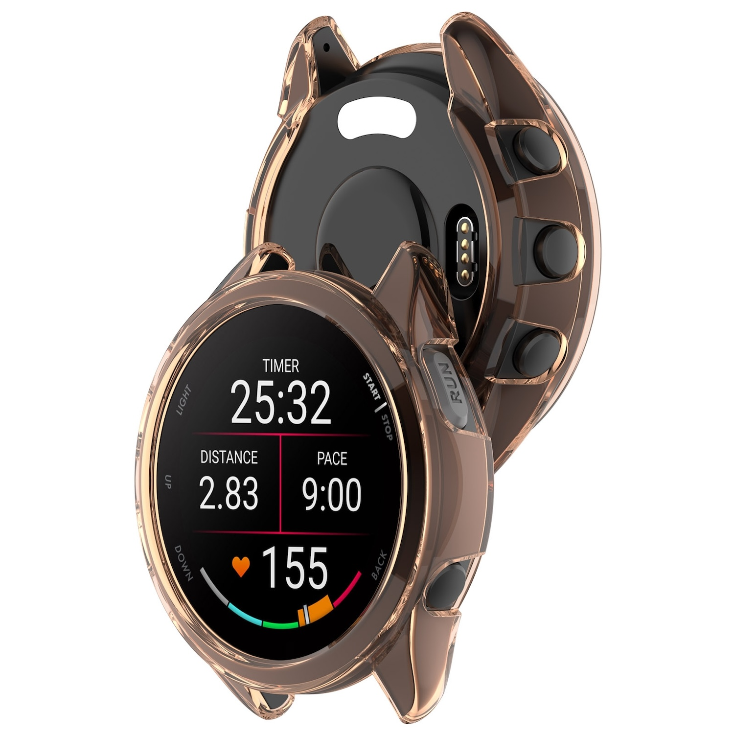 Smartwatch mit Timer und Laufmetriken, eingeschlossen in einem braunen Gehäuse.
