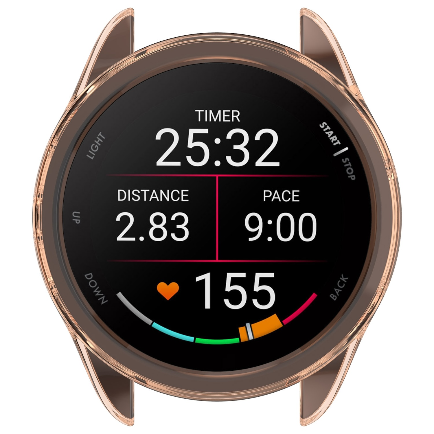 Eine roségoldene Smartwatch, die Zeit, Distanz, Tempo und Herzfrequenz auf einem schwarzen Bildschirm anzeigt.