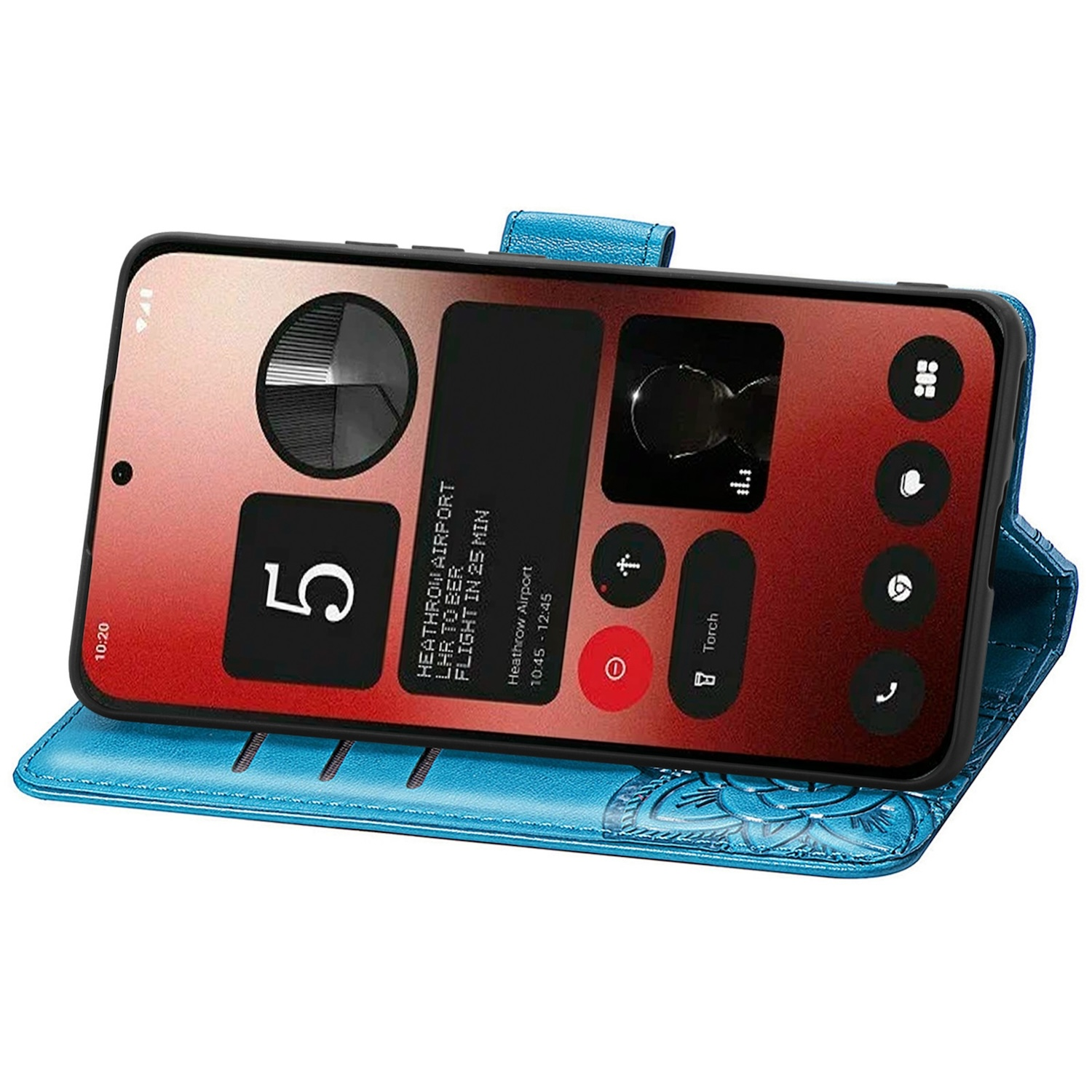 Eine blaue Handyhülle mit einem Telefon darin. Das Telefon zeigt einen Bildschirm mit Infos. Die Hülle ist offen.