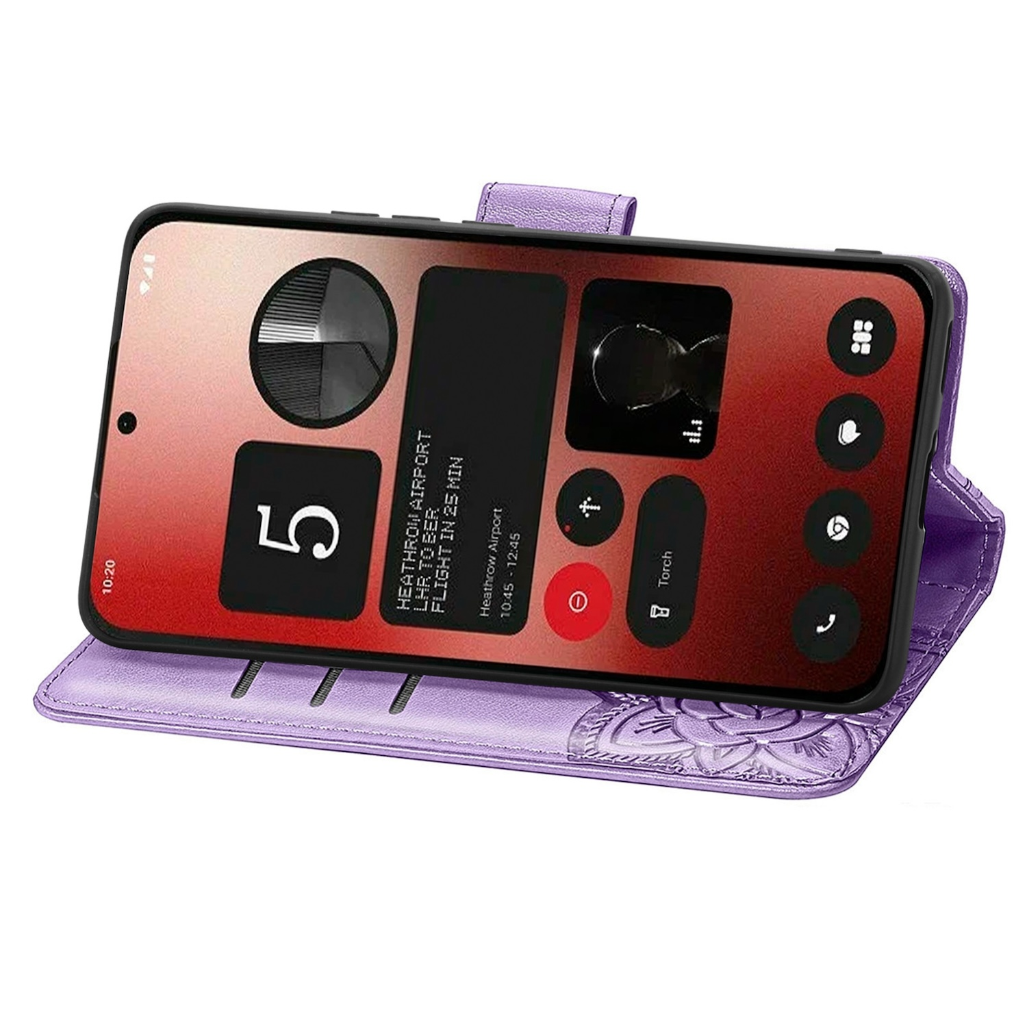 Lila Handyhülle mit einem Telefon, das eine rote Oberfläche anzeigt.