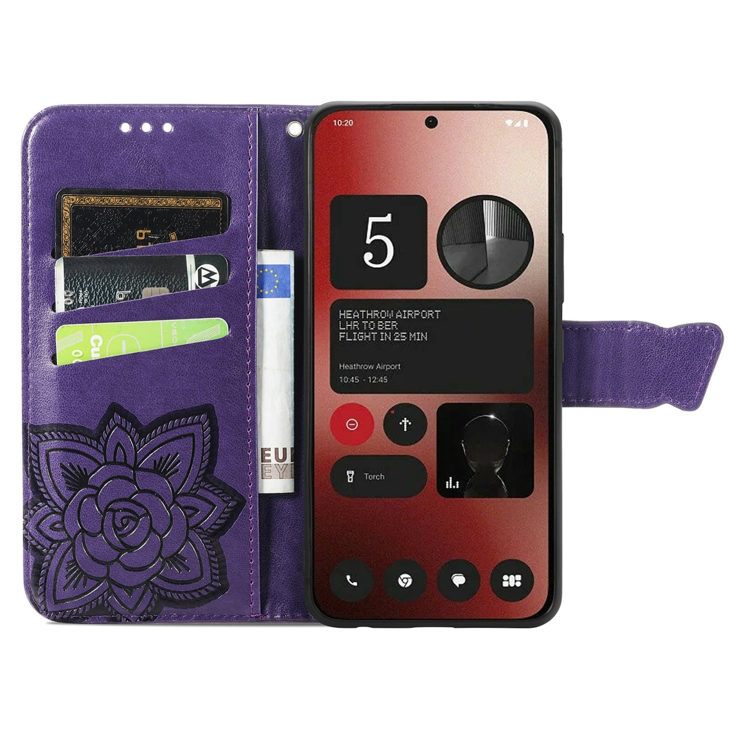 Lila Brieftaschen-Handyhülle mit Karten, Geld und Telefon mit Info.