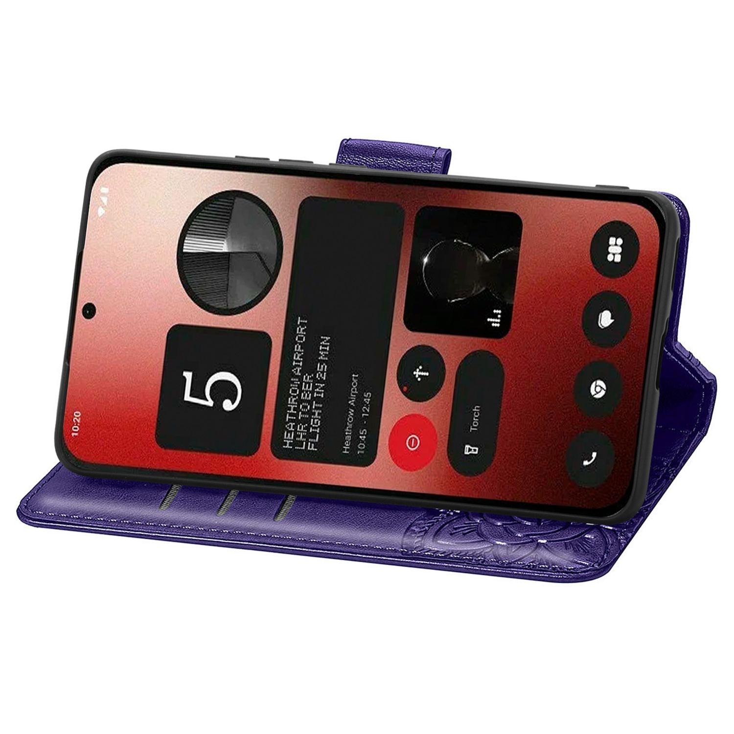 Lila Handyhülle mit Telefon, das App-Symbole anzeigt. Das Telefon steht in einem Ständer.