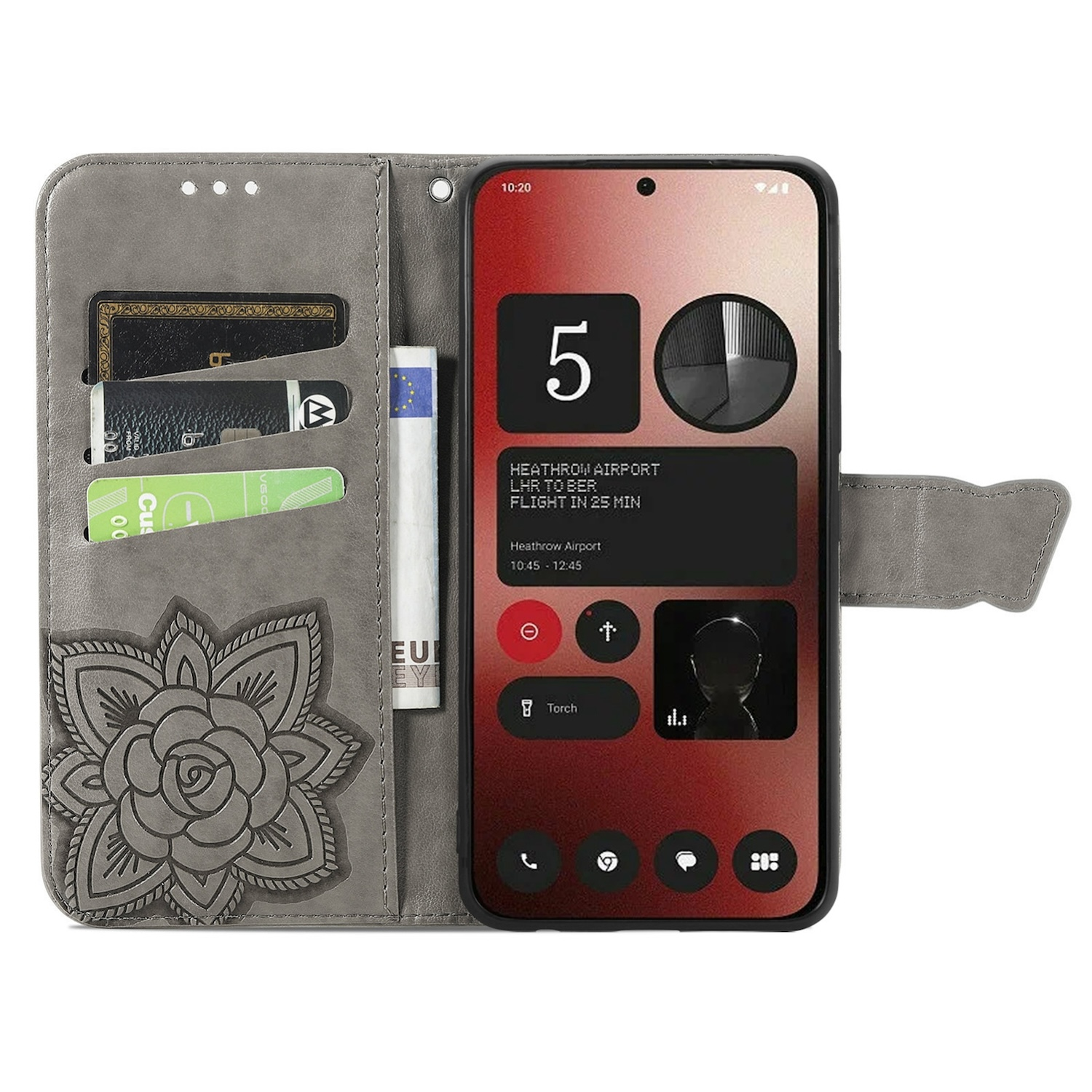 Graue Handyhülle geöffnet, Telefon zeigt Bildschirm mit App-Symbolen und Blumendesign.