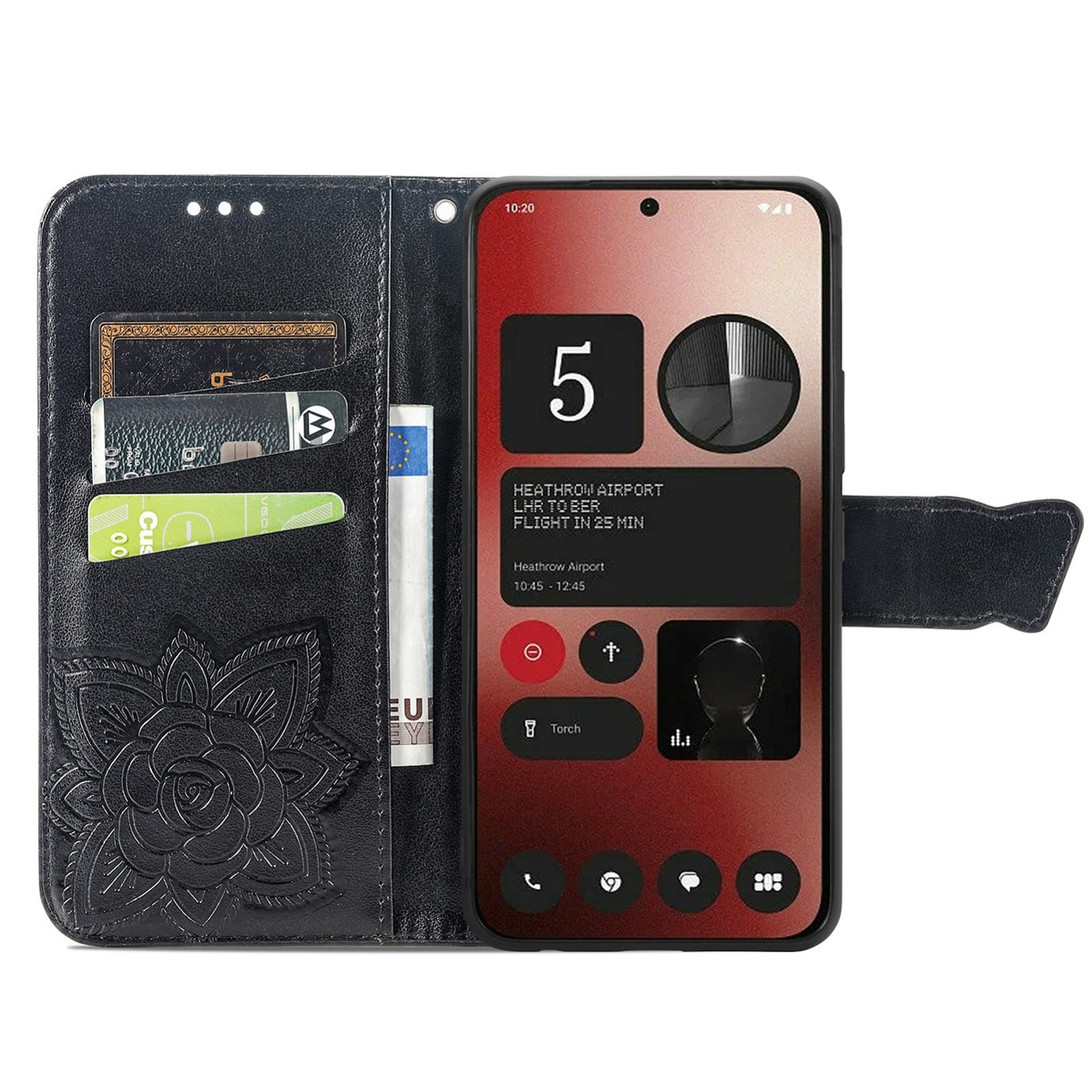 Schwarzes Telefon in einer Geldbörsenhülle mit Karten, Geld und floralem Design.