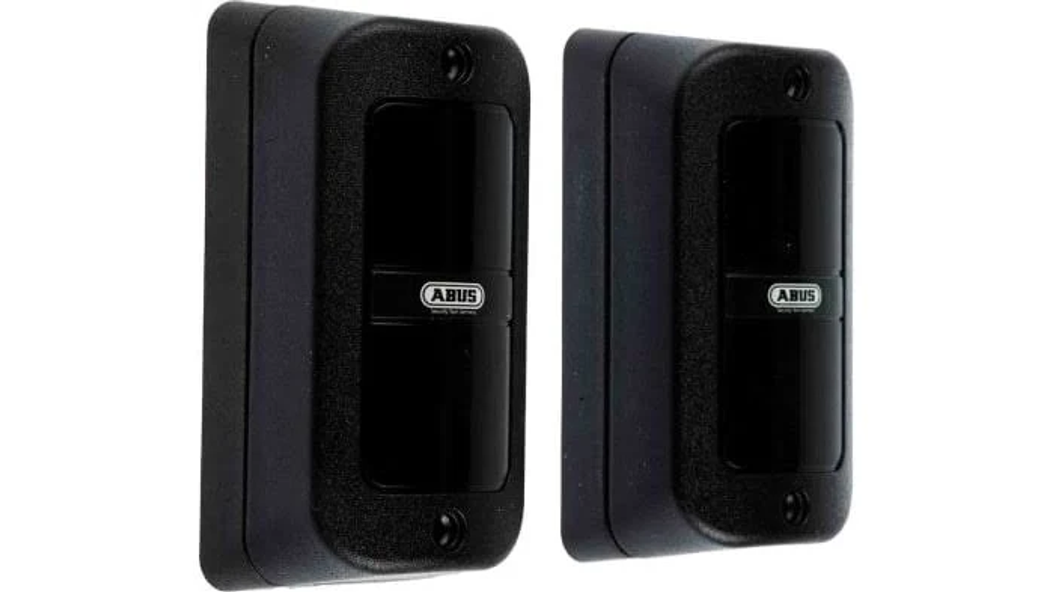 Deux capteurs de sécurité noirs. Forme rectangulaire avec un logo ABUS. Fond blanc.