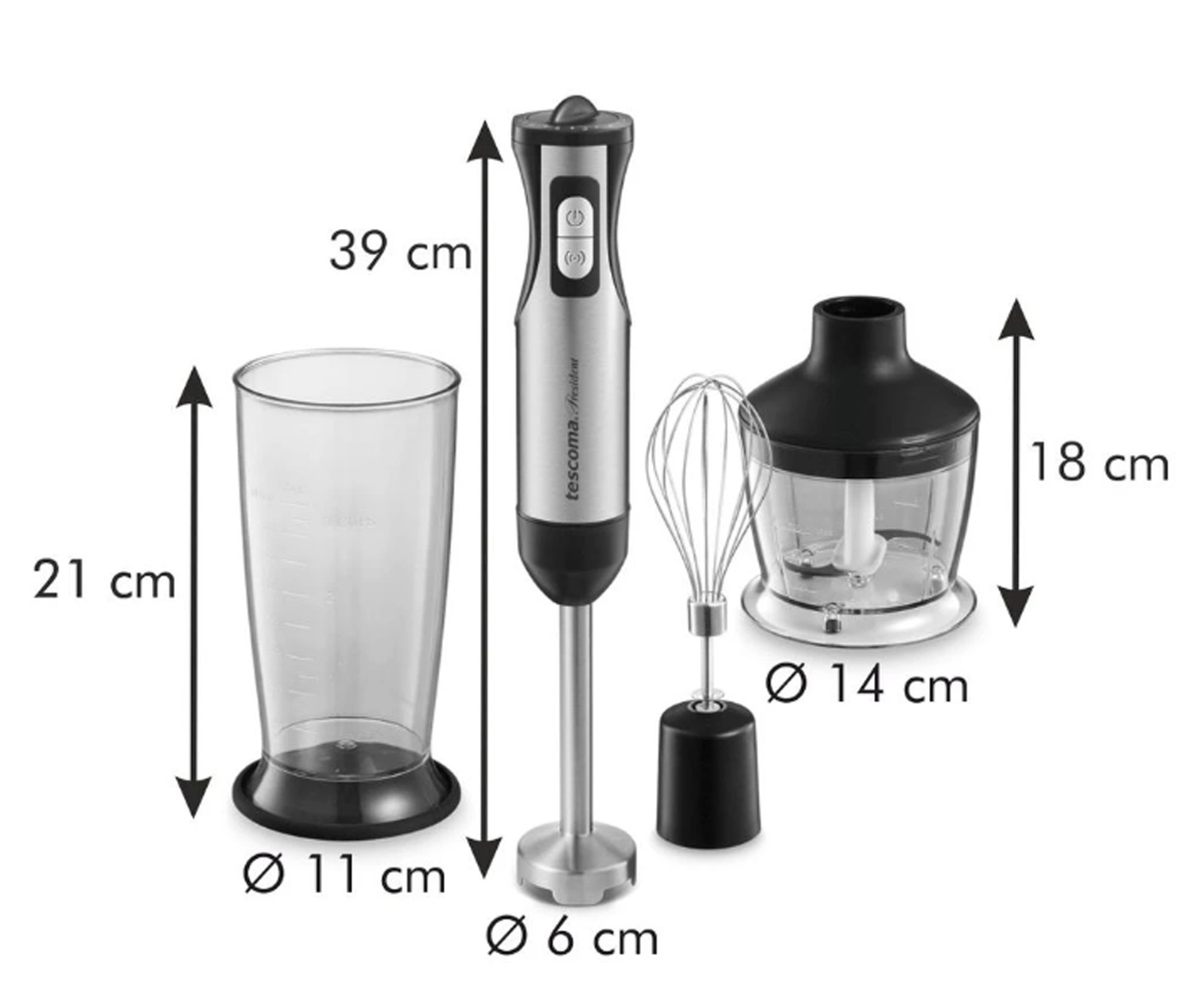 Handmixer mit Zubehör: Becher, Schneebesen und Zerkleinerer. Maße sind beschriftet.