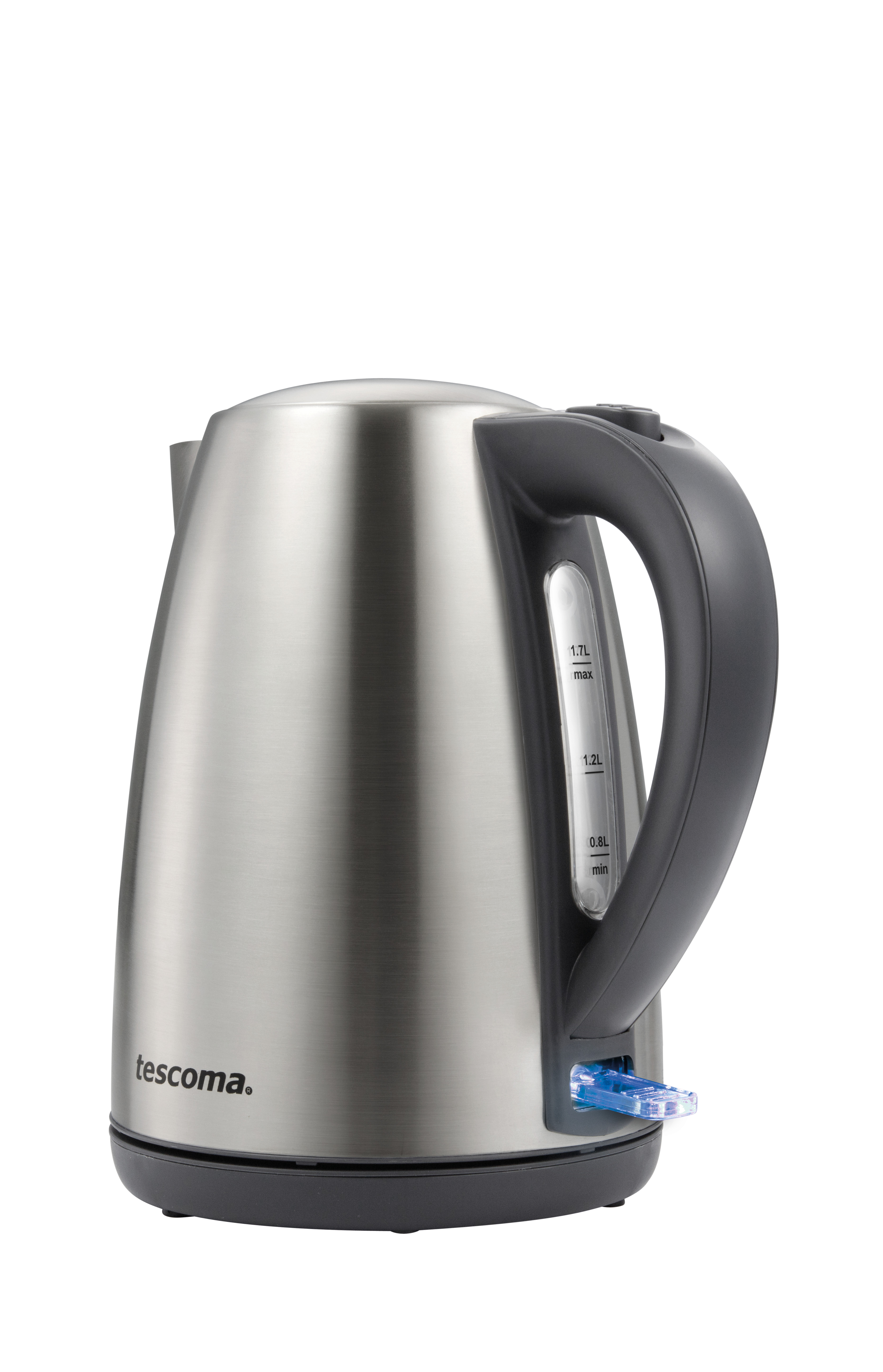 Silberner Tescoma Wasserkocher mit schwarzem Griff und Wasserstandsanzeige.