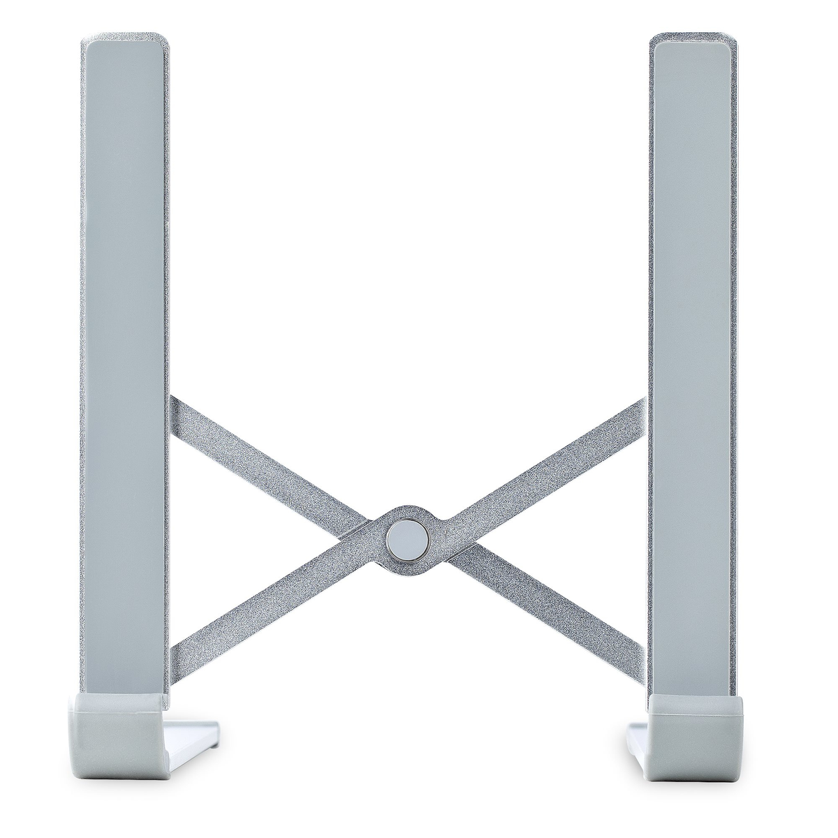 Un supporto per laptop argentato, con due montanti collegati da una struttura di supporto a forma di X.