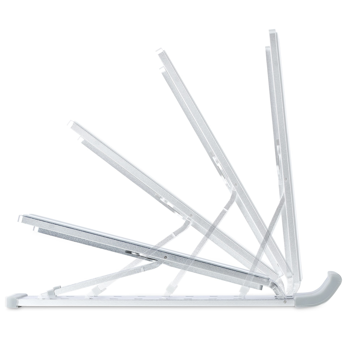 Un supporto per laptop in più angolazioni, che mostra i diversi livelli a cui il supporto può essere regolato.