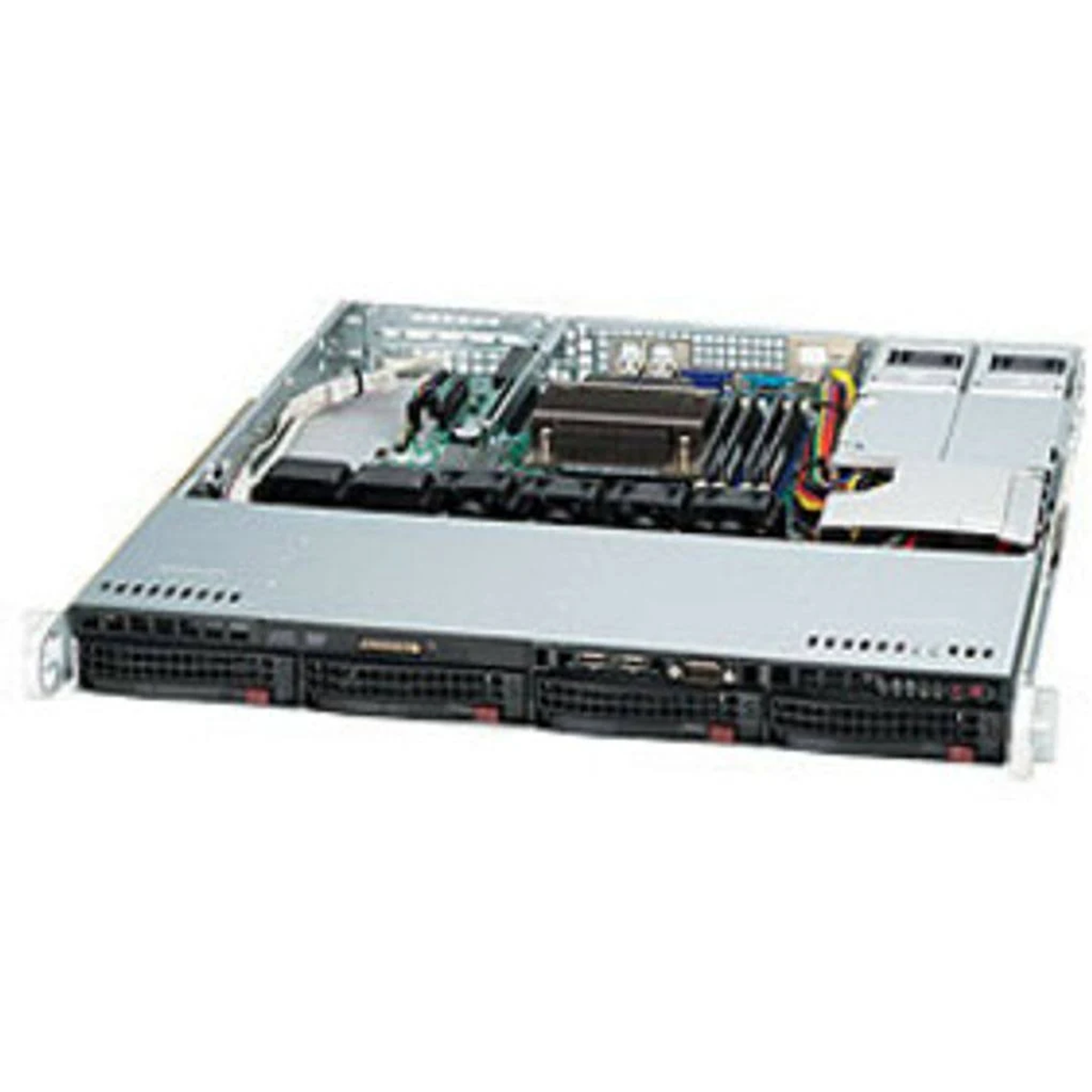 Un computer server con custodia aperta, che rivela i componenti interni e i pannelli frontali neri.