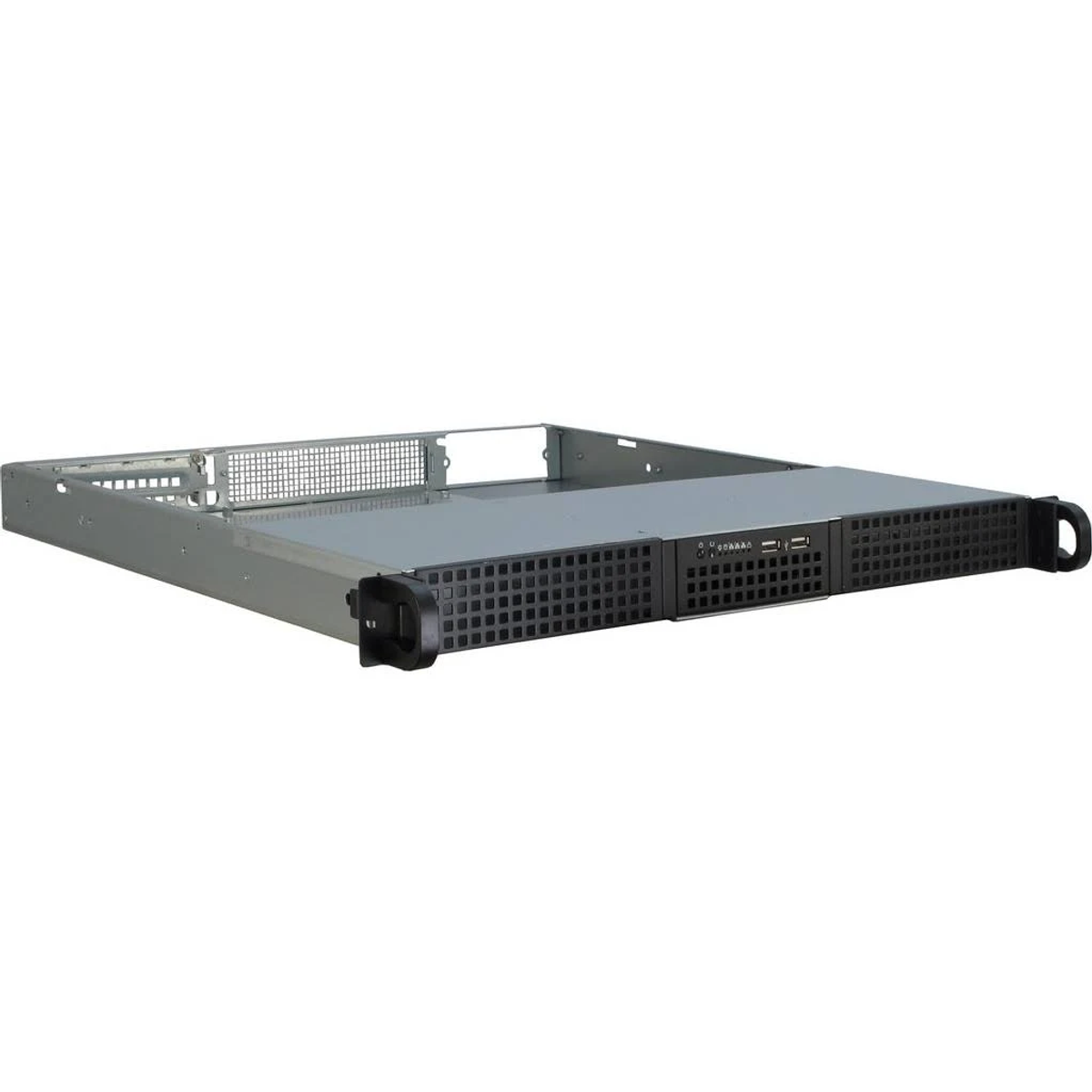 Computer-Servergehäuse. Es ist silber und schwarz, mit einer schwarzen Frontblende mit USB-Anschlüssen.