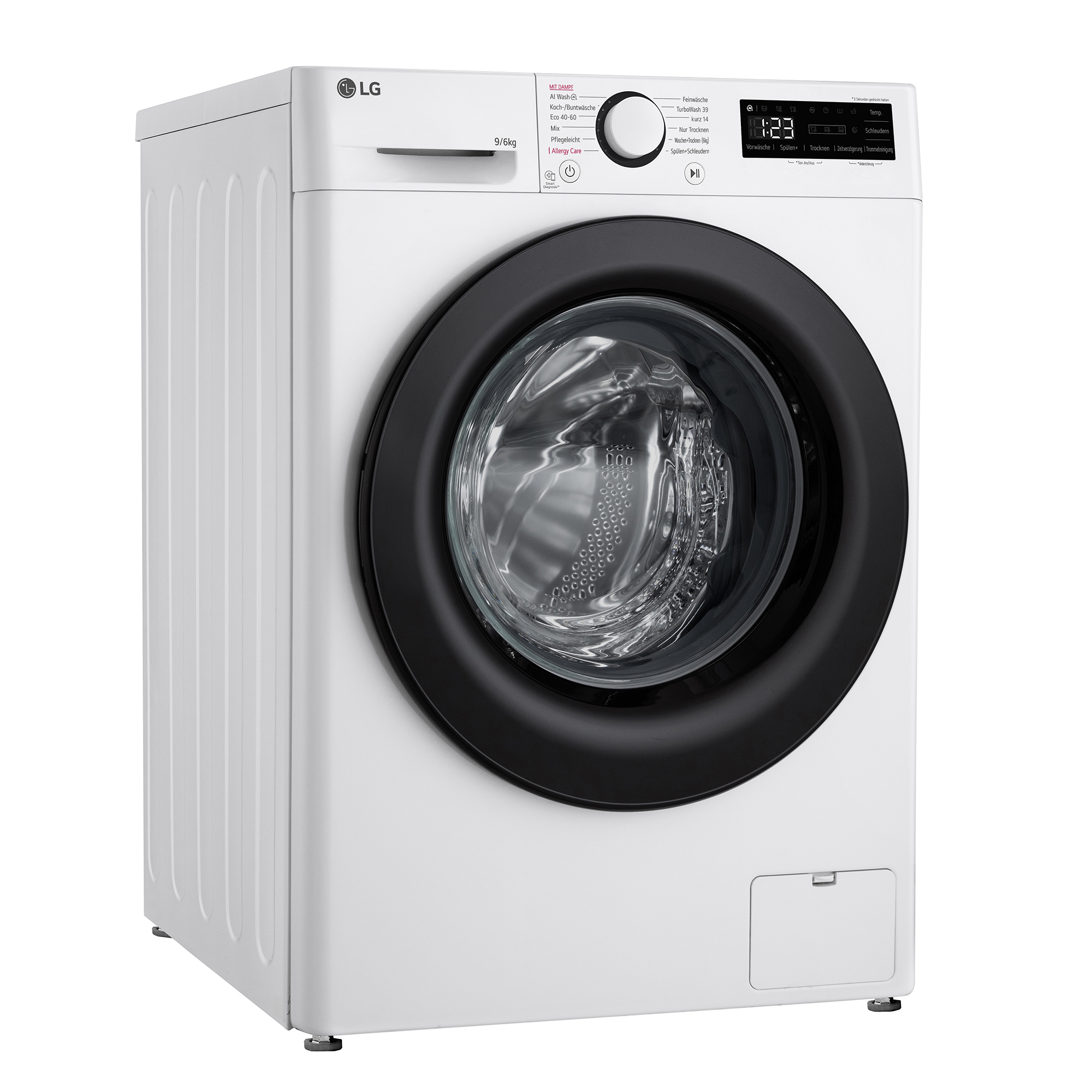 Eine weiße LG Waschmaschine mit schwarzer Tür und Bedienfeld. Sie ist perspektivisch dargestellt.