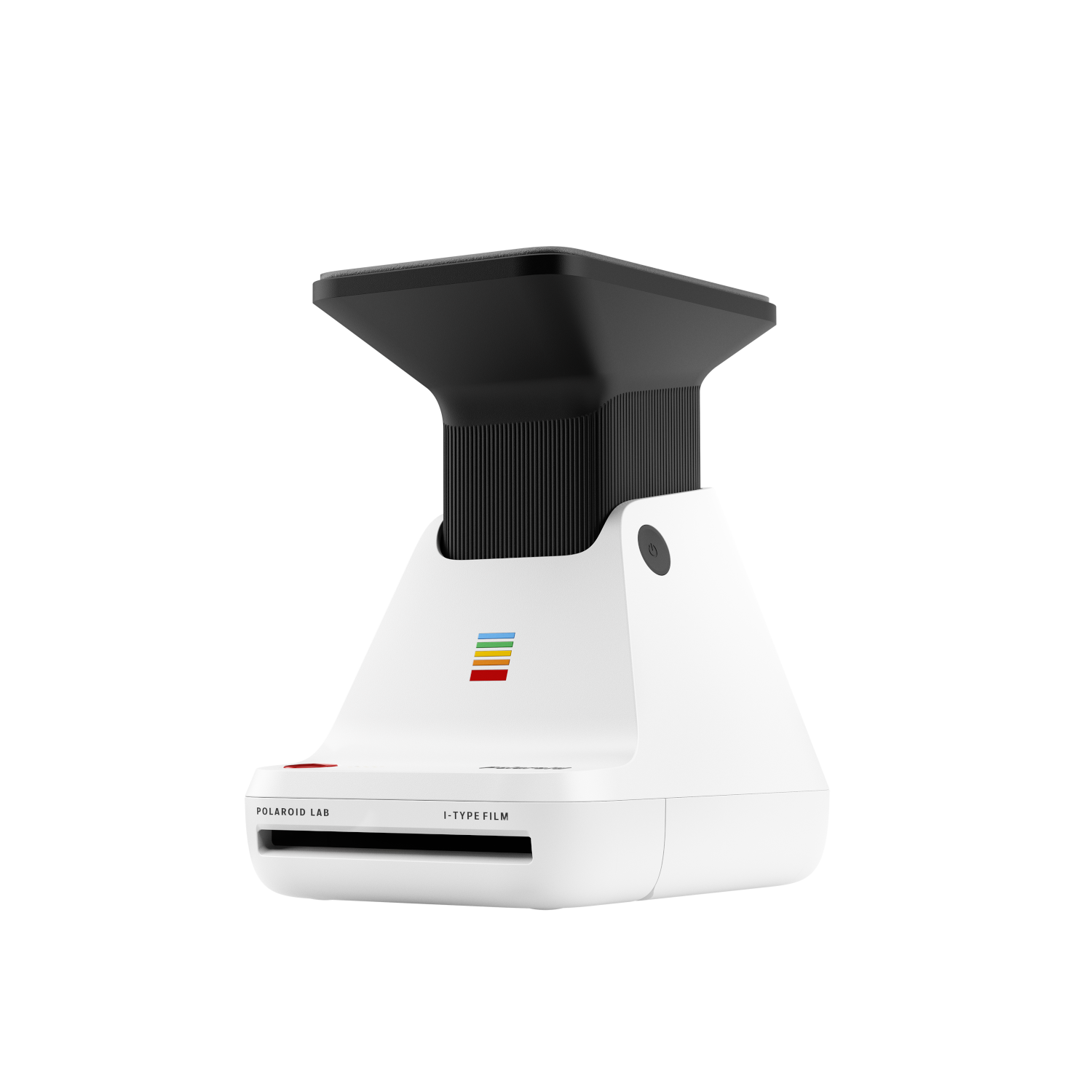 Ein weißes Polaroid Lab-Gerät mit schwarzem Oberteil, für Sofortbilddruck, auf schwarzem Hintergrund.