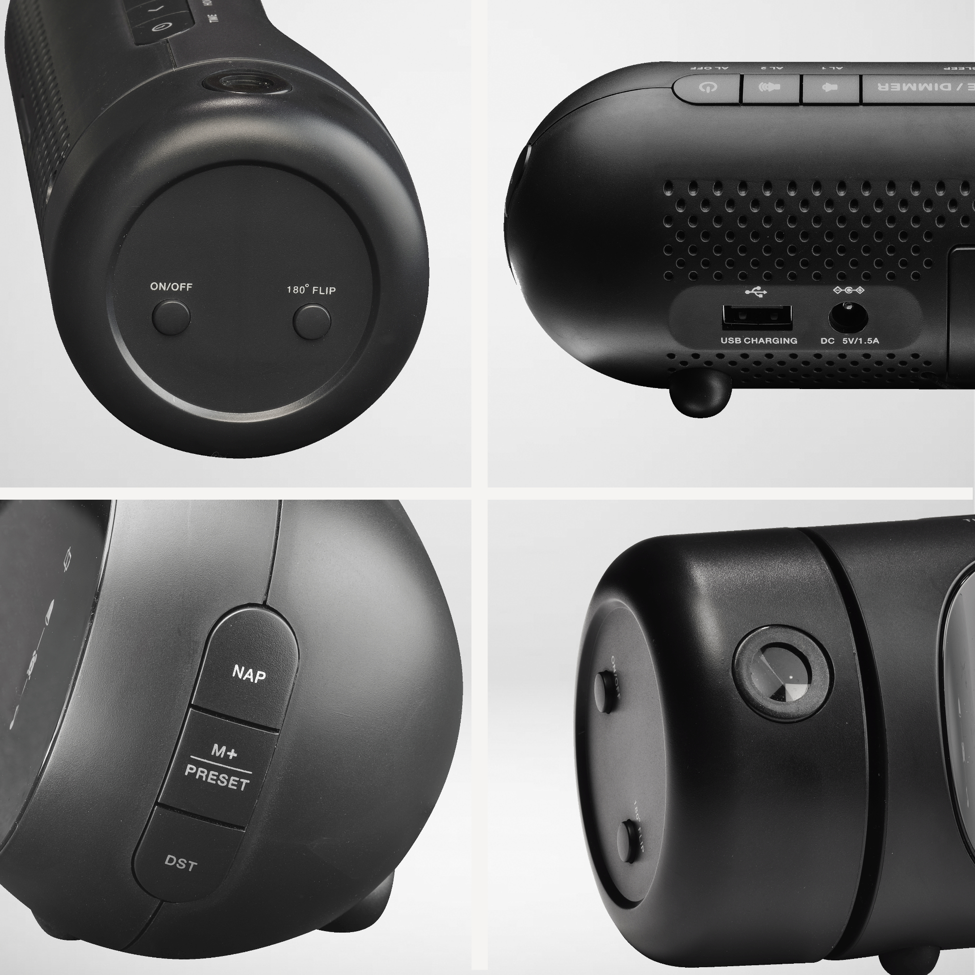 Cztery widoki czarnego budzika. Ma przyciski zasilania, USB i ustawień alarmu. Szczegółowe zbliżenia.