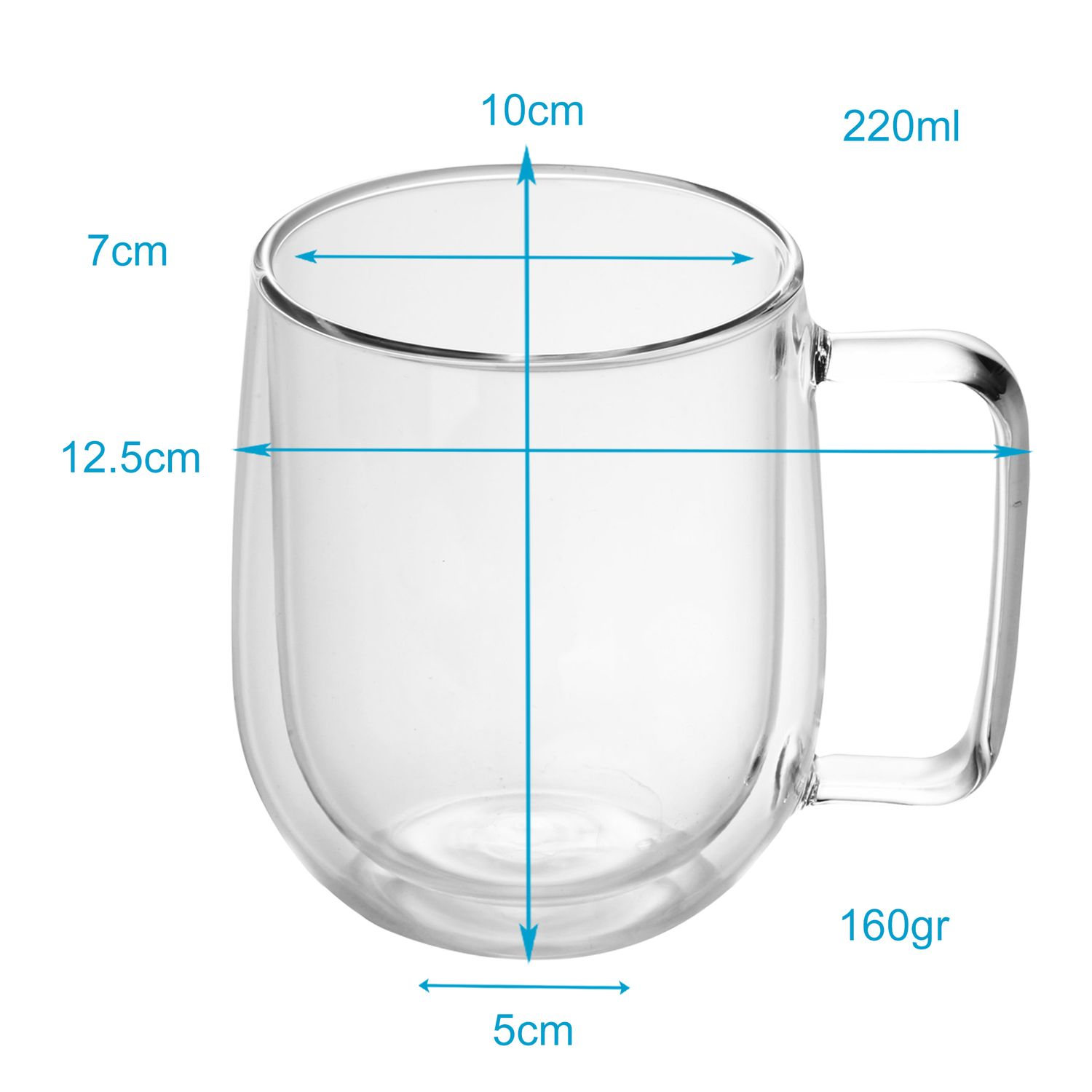 Klarer Glasbecher mit Maßen: 10cm Durchmesser, 12,5cm Höhe, 220ml Fassungsvermögen und 160gr Gewicht.
