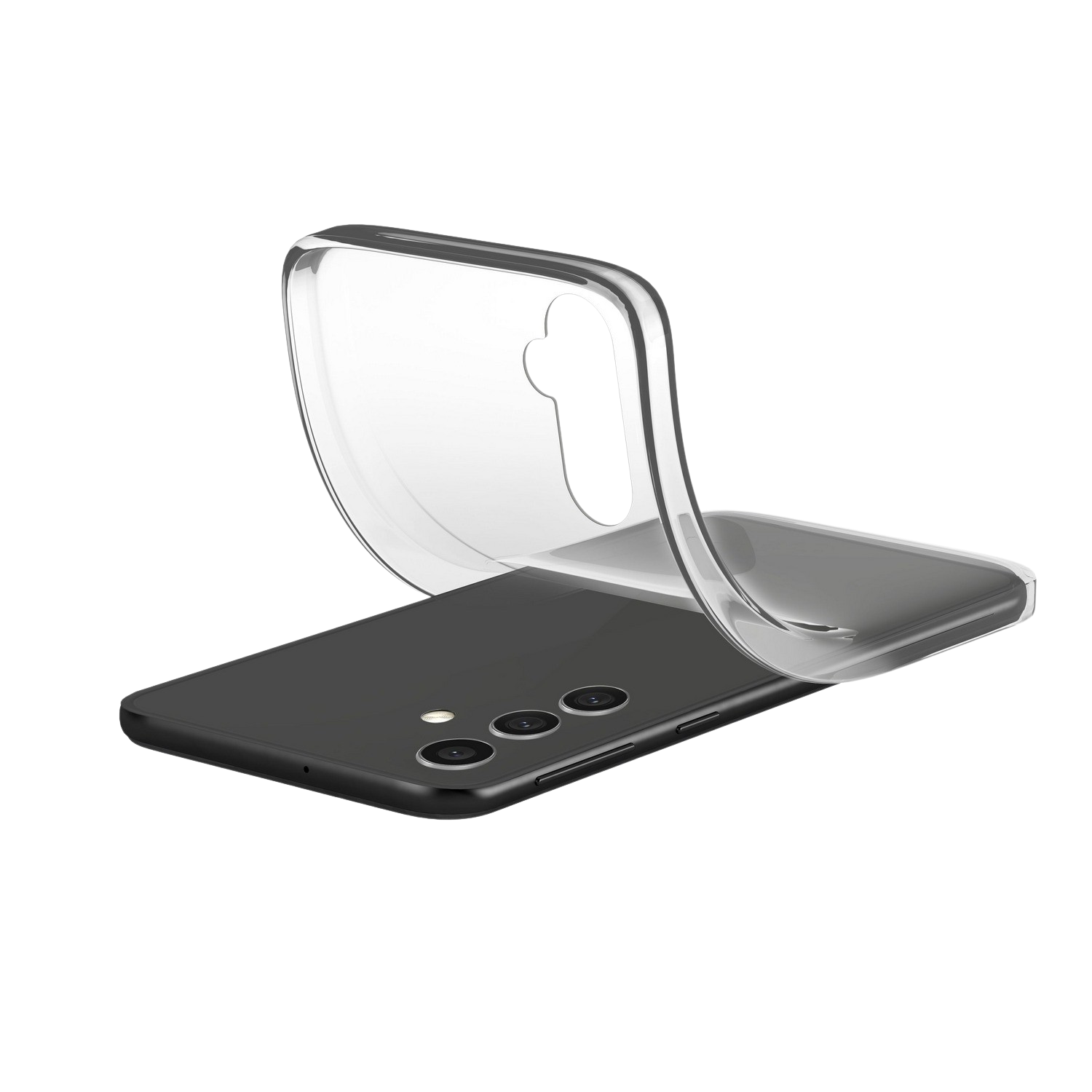 Una custodia trasparente per telefono è parzialmente sollevata, rivelando un telefono nero sotto.