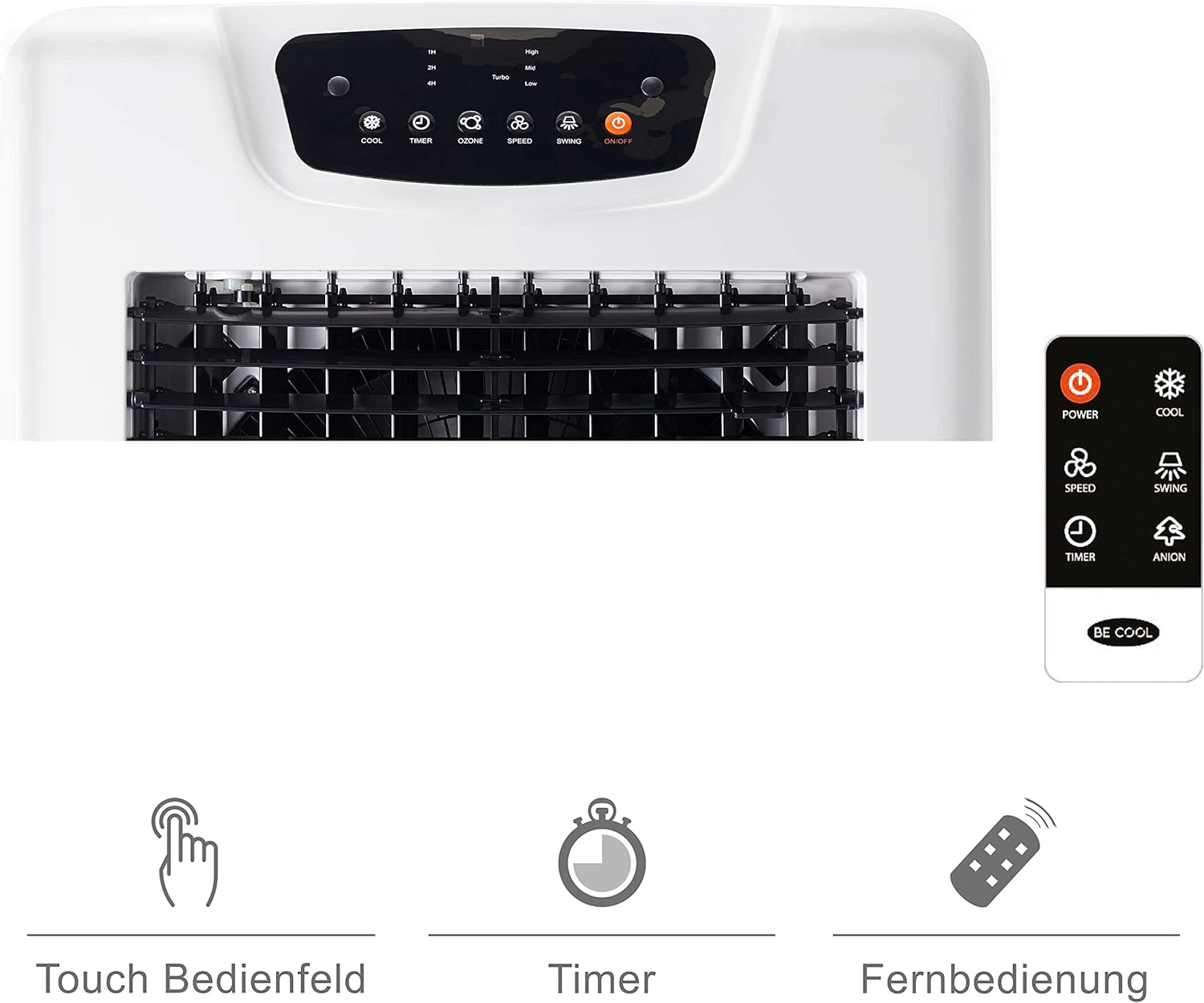 Bedienfeld und Fernbedienung des Luftkühlers. Das Bedienfeld hat Tasten: Cool, Timer, Ozon, Geschwindigkeit, Swing und Power.