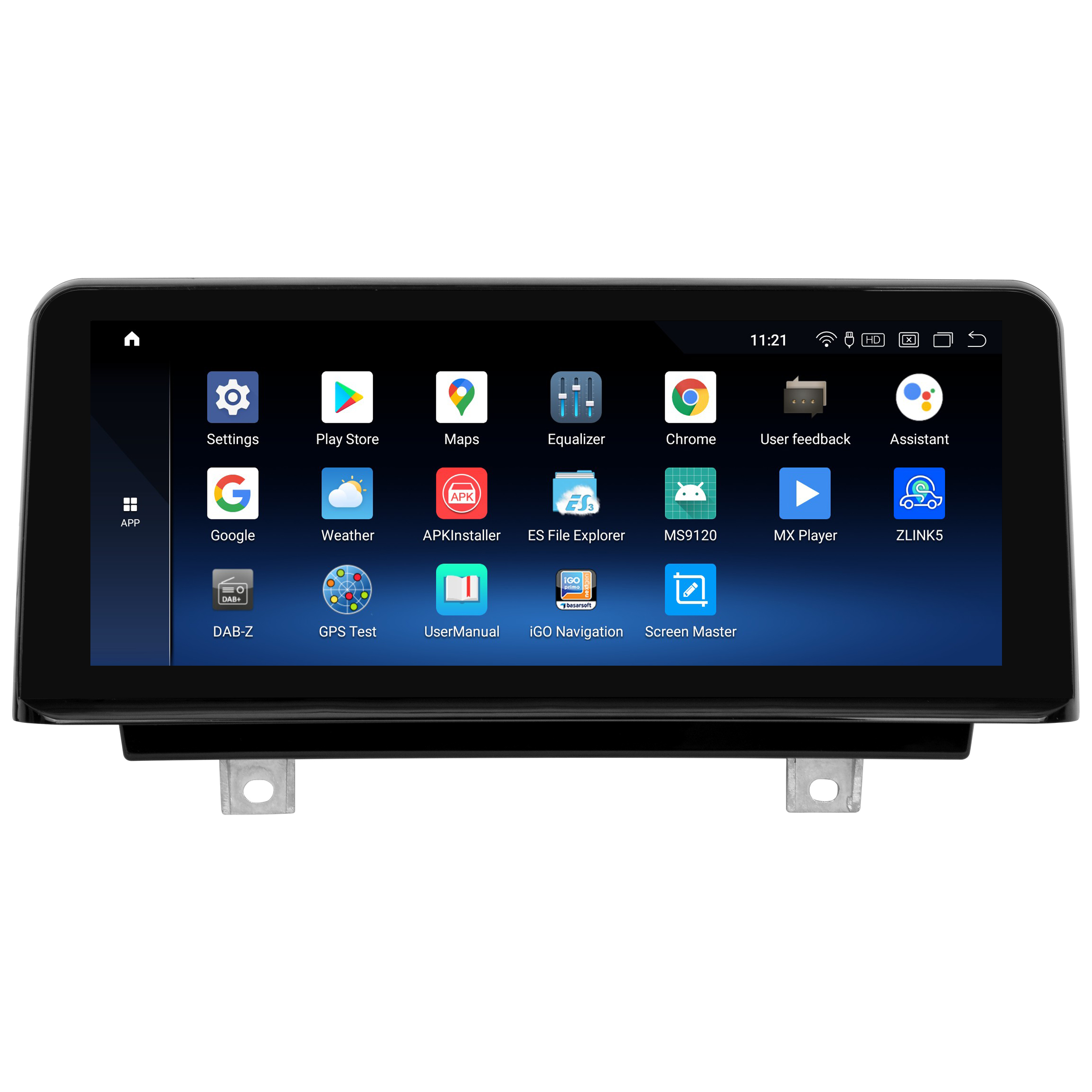 Schwarzer Auto-Multimedia-Bildschirm mit App-Symbolen für Einstellungen, Karten und andere Funktionen.