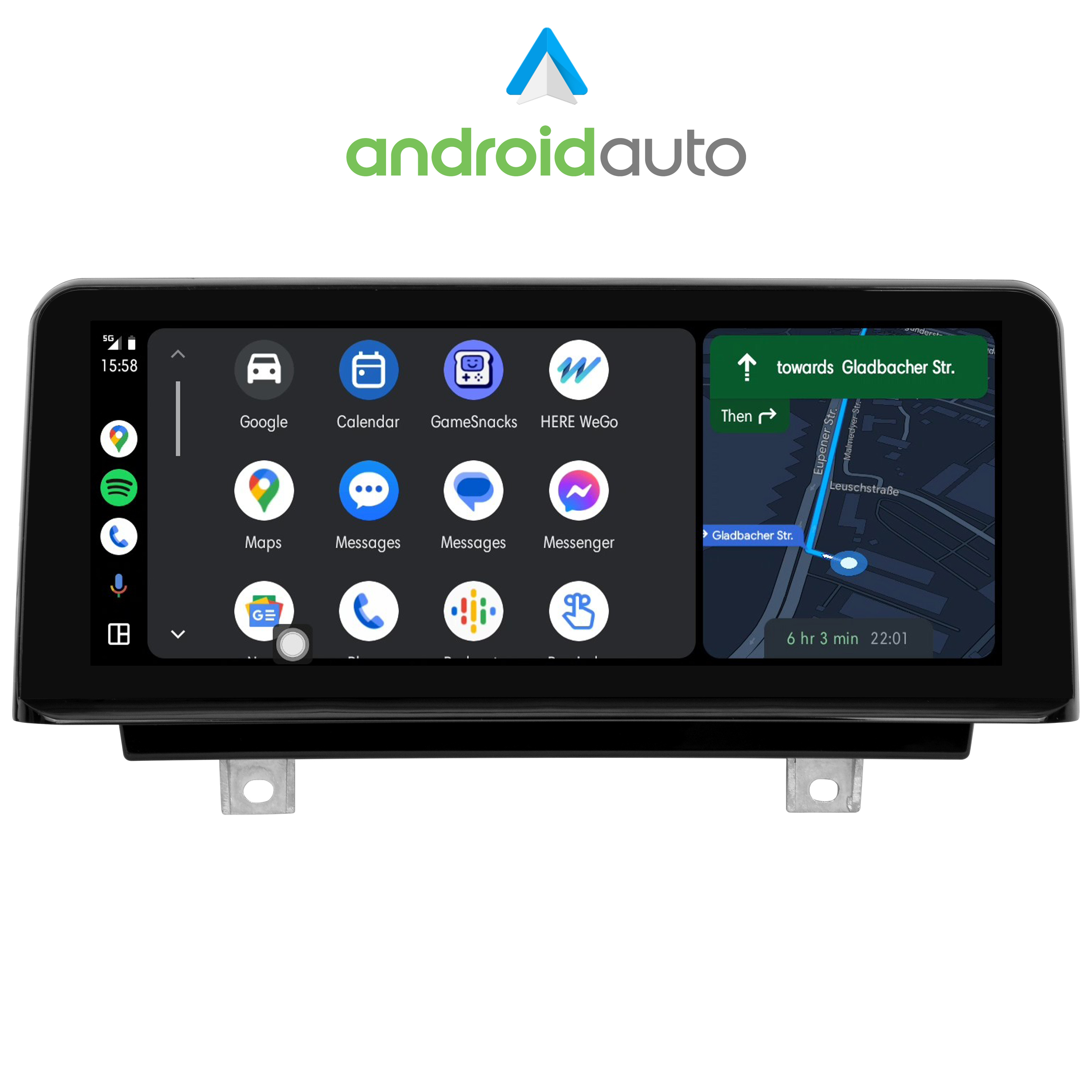 Android Auto-Anzeige mit Navigation und App-Symbolen auf schwarzem Bildschirm.