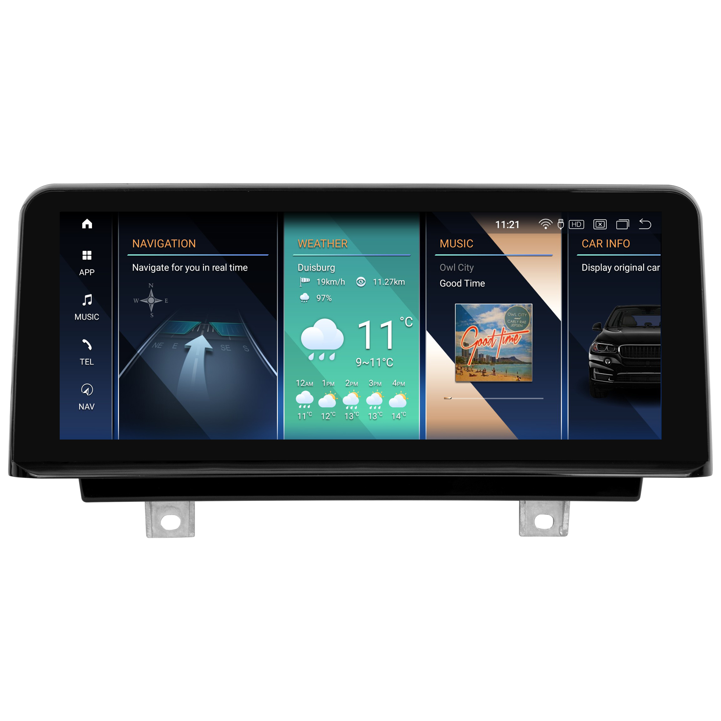 Auto-Multimedia-Systembildschirm mit Navigations-, Wetter- und Musikinformationen. Schwarzer Rahmen.