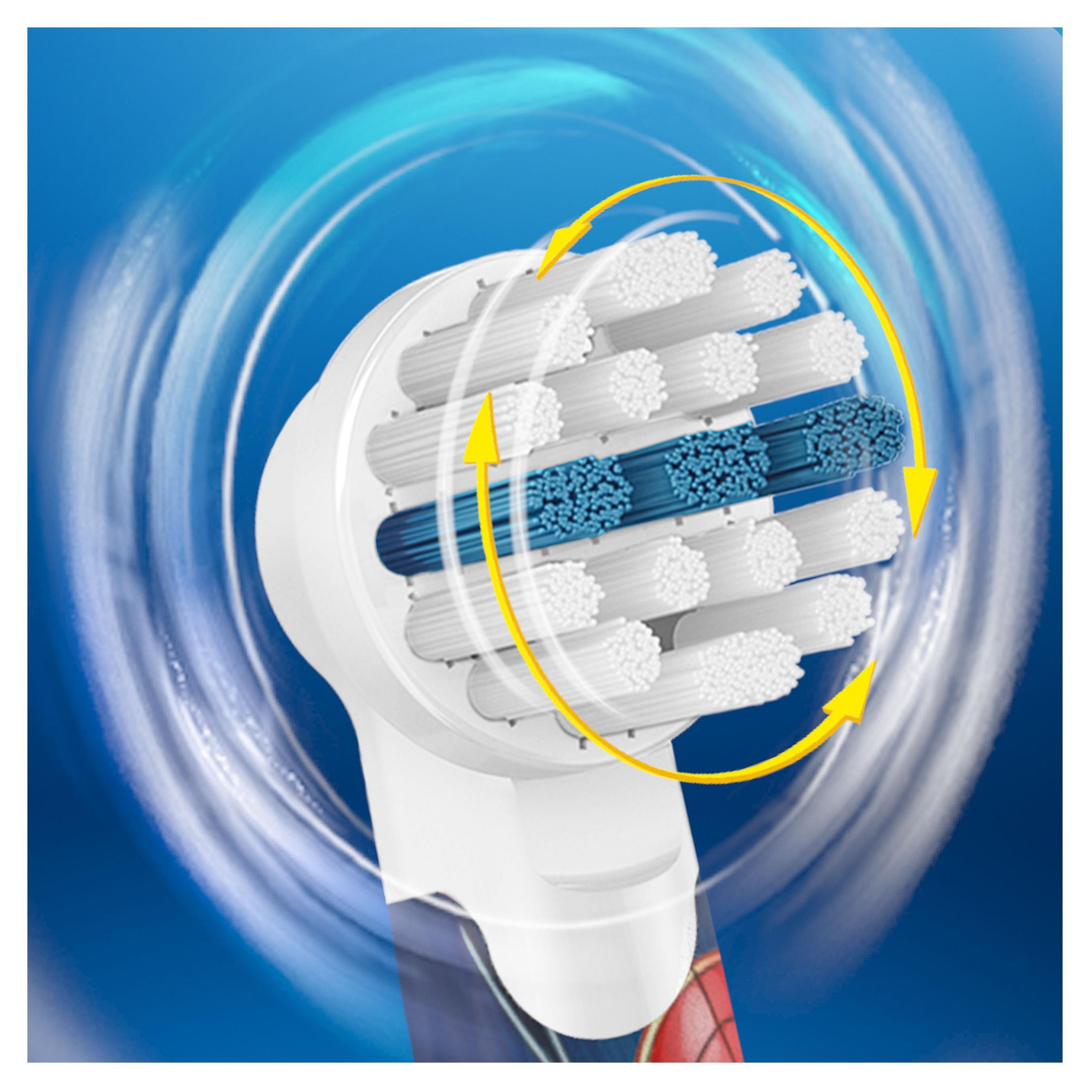 Zbliżenie główki szczoteczki elektrycznej z białym i niebieskim włosiem. Żółte strzałki wskazują ruch.