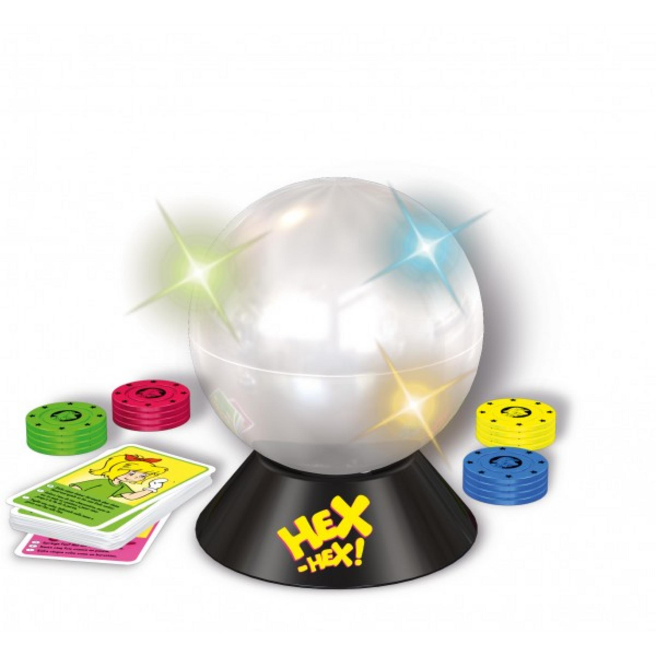 Ein Hex-Hex! Brettspiel mit leuchtenden Lichtern um eine Kristallkugel und Spielsteine.