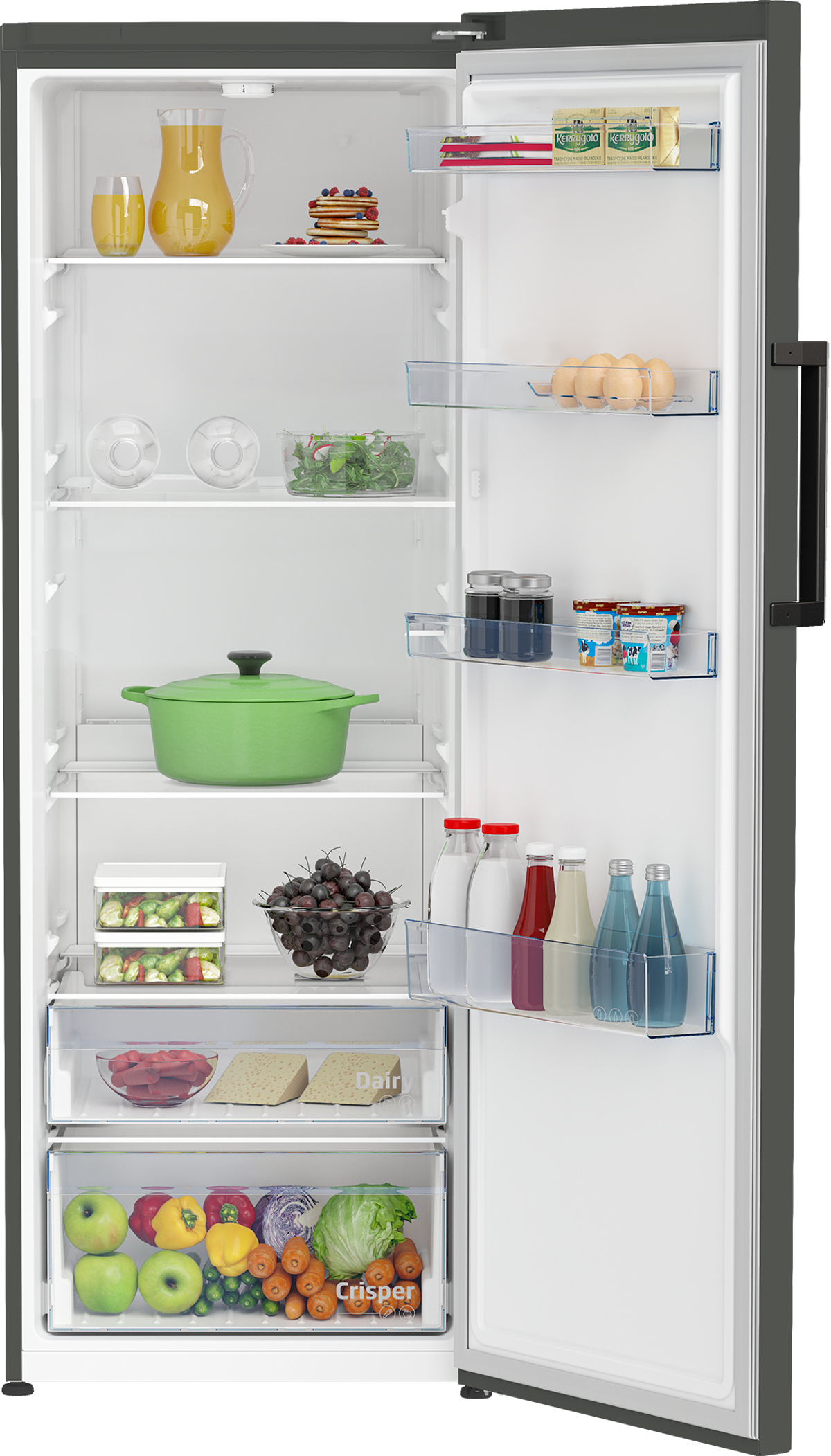 Refrigerador abierto con varios alimentos. Incluye verduras, frutas, bebidas y otros comestibles.