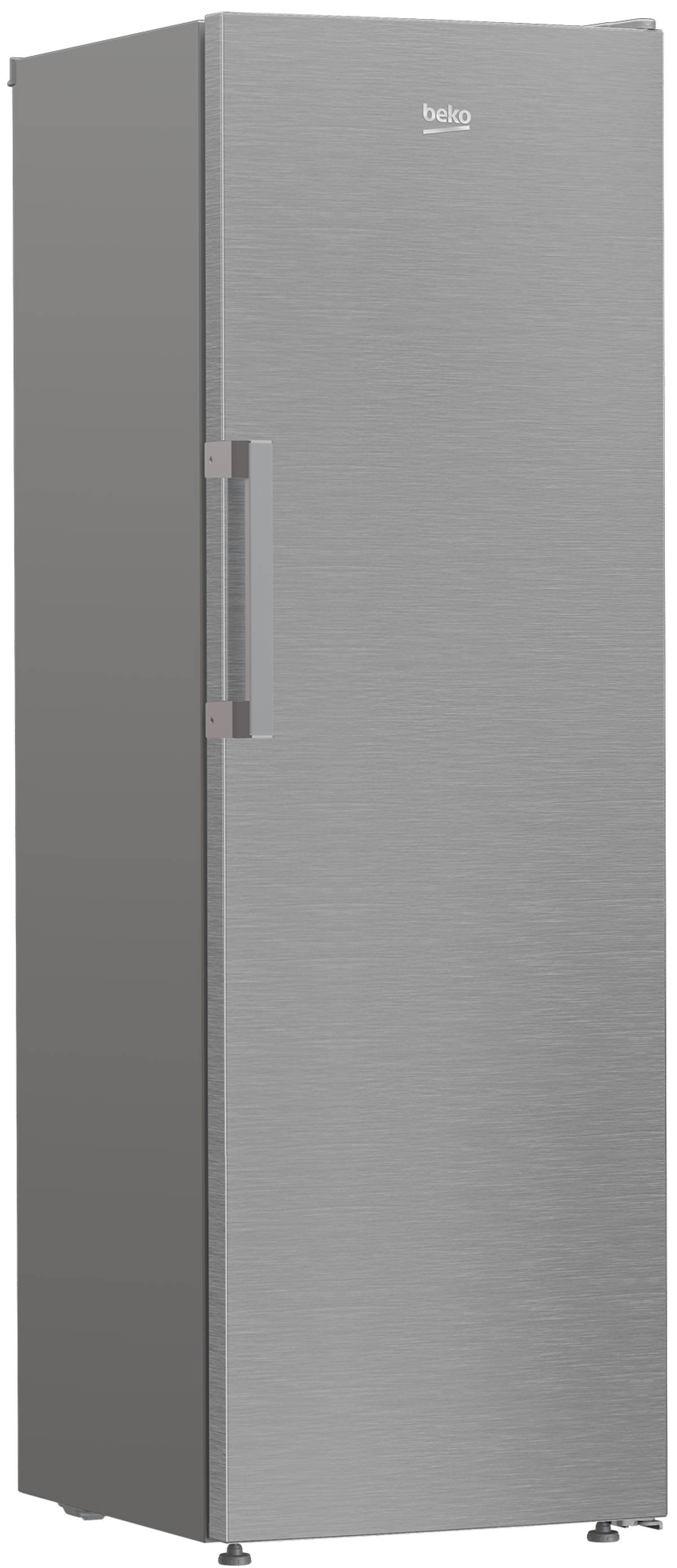 Un frigorífico Beko alto y plateado con asa. La superficie tiene textura de metal cepillado.