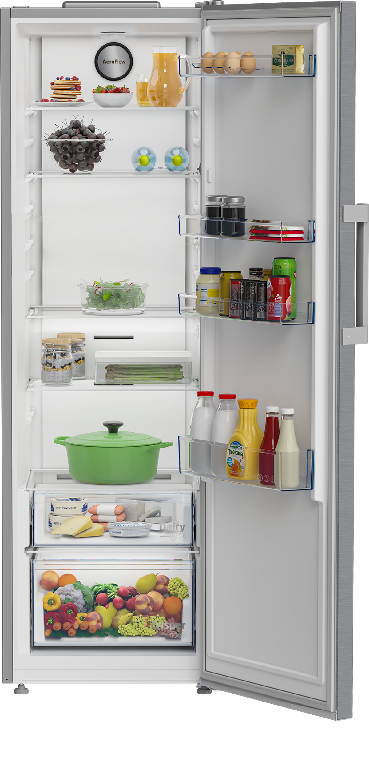 Un refrigerador abierto lleno de comestibles y varios alimentos.