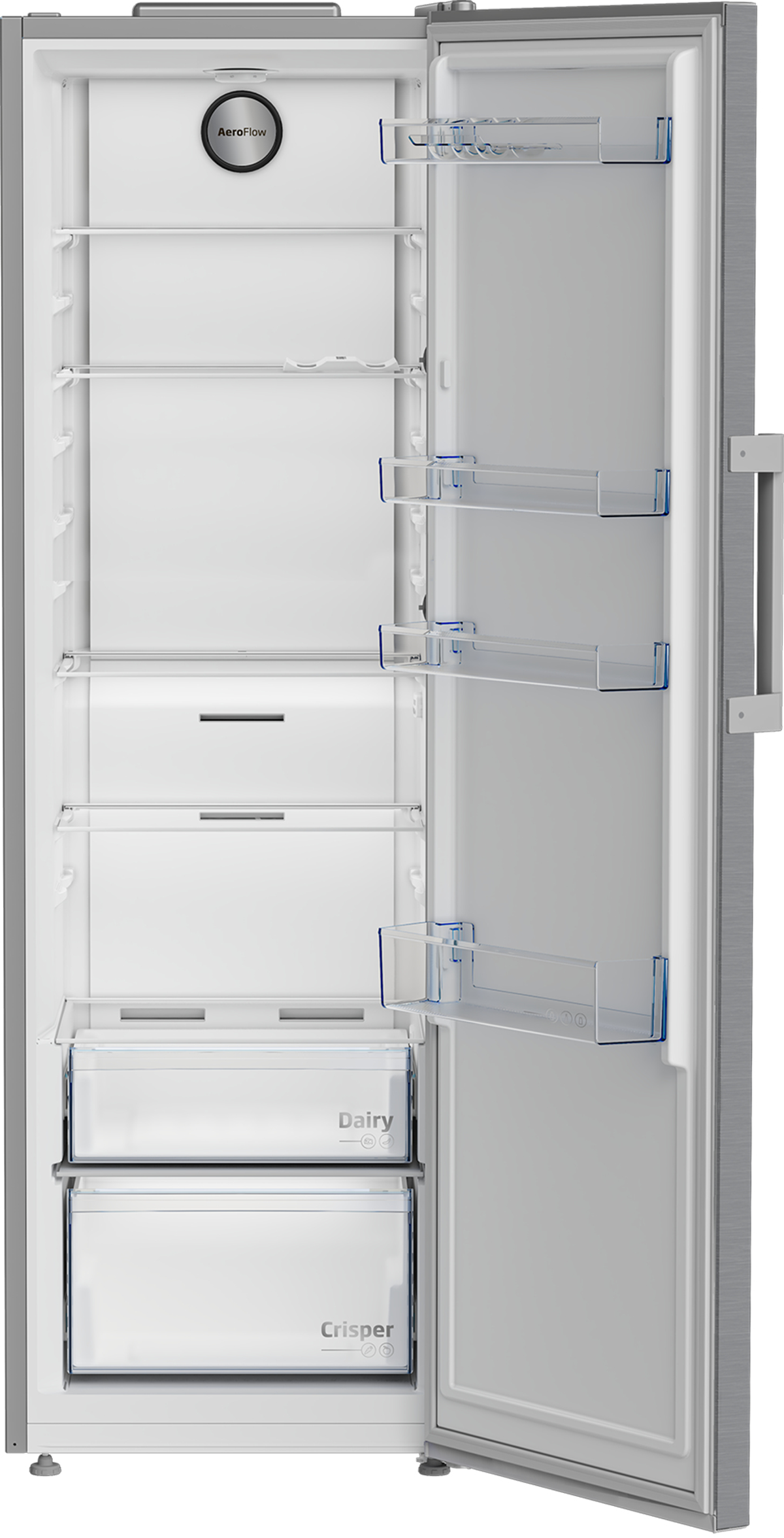 Un refrigerador abierto con estantes y cajones. Es plateado con interior blanco, la puerta está abierta.