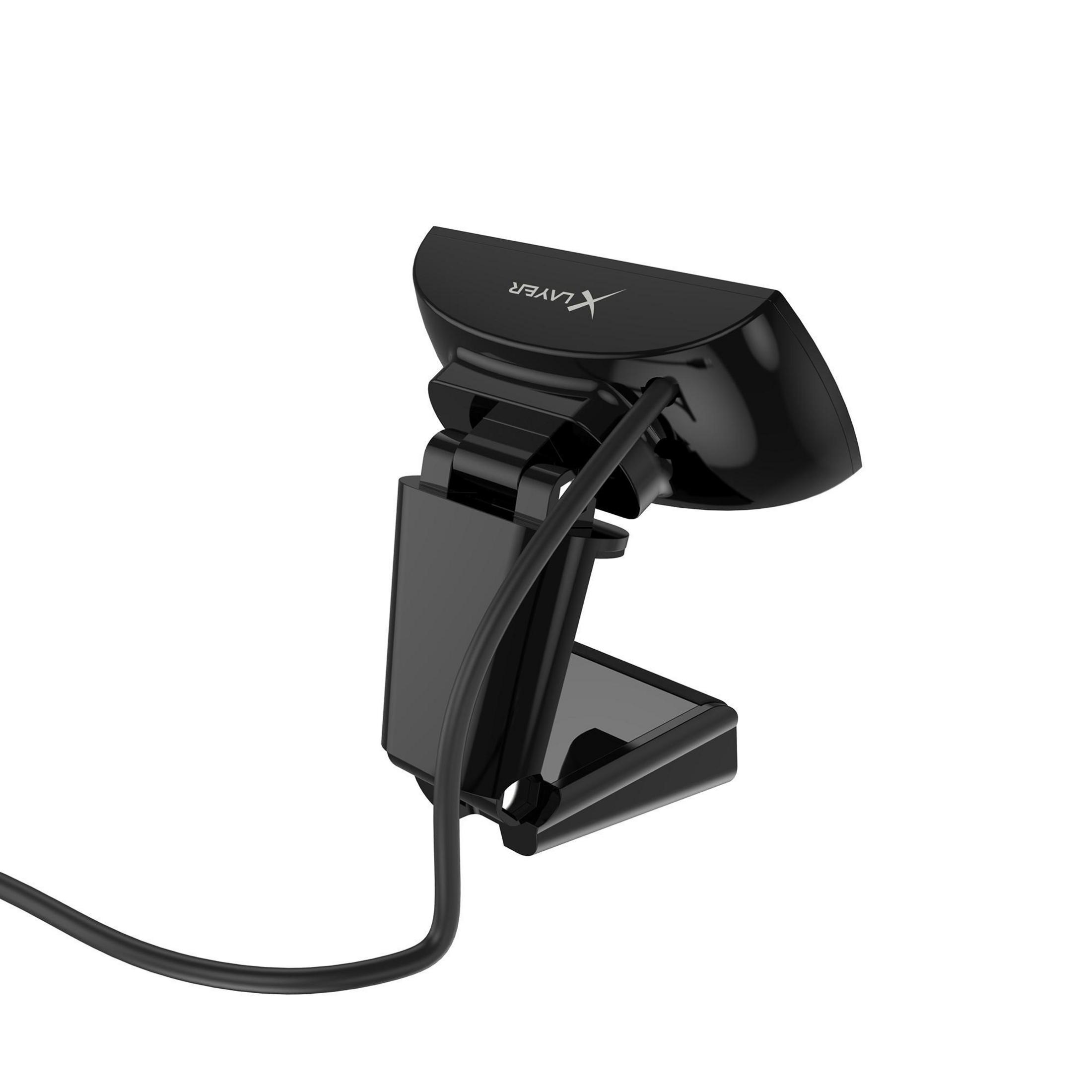 Eine schwarze Webcam mit flexibler Halterung. Die Webcam ist auf den Betrachter ausgerichtet.