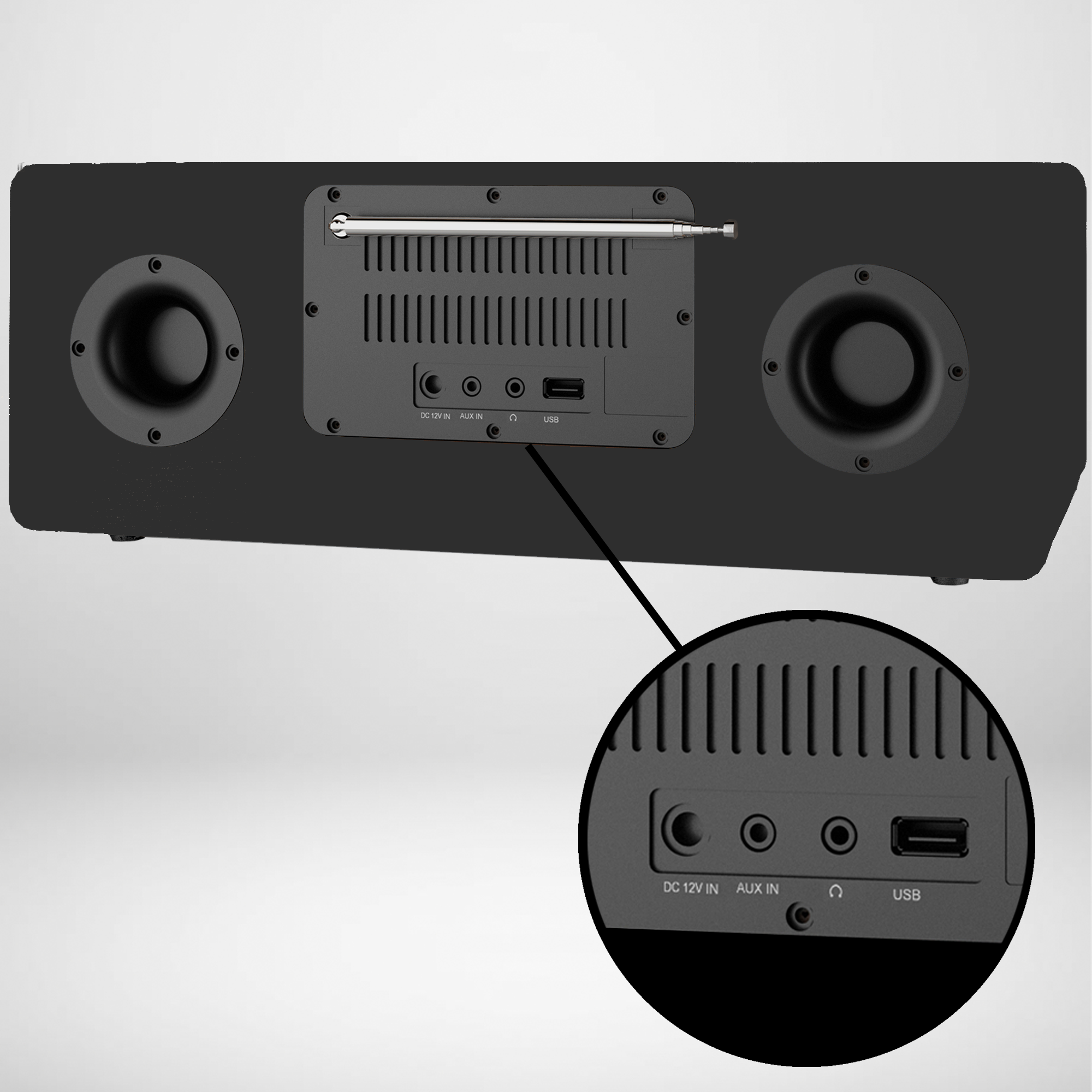 Tył czarnego głośnika pokazujący tylny panel z portami DC, AUX IN i USB z zoomem.