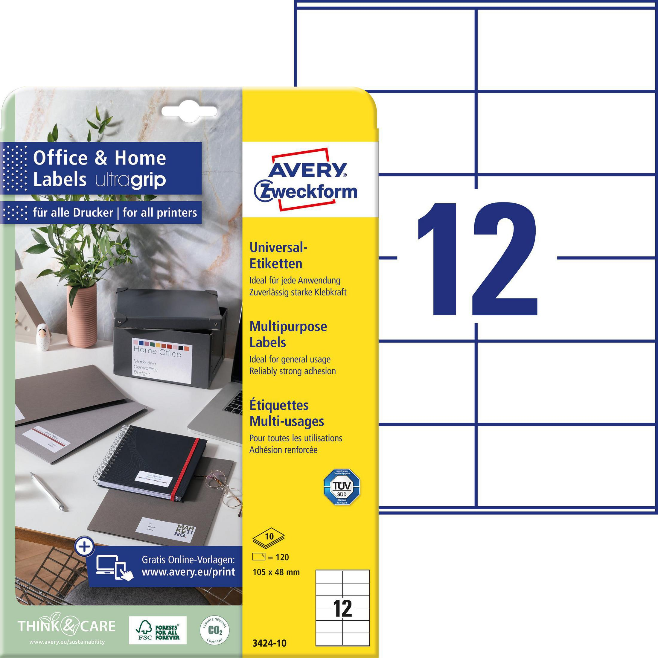 Avery Zweckform Etiketten mit blauer 12 und einer Packung Etiketten.