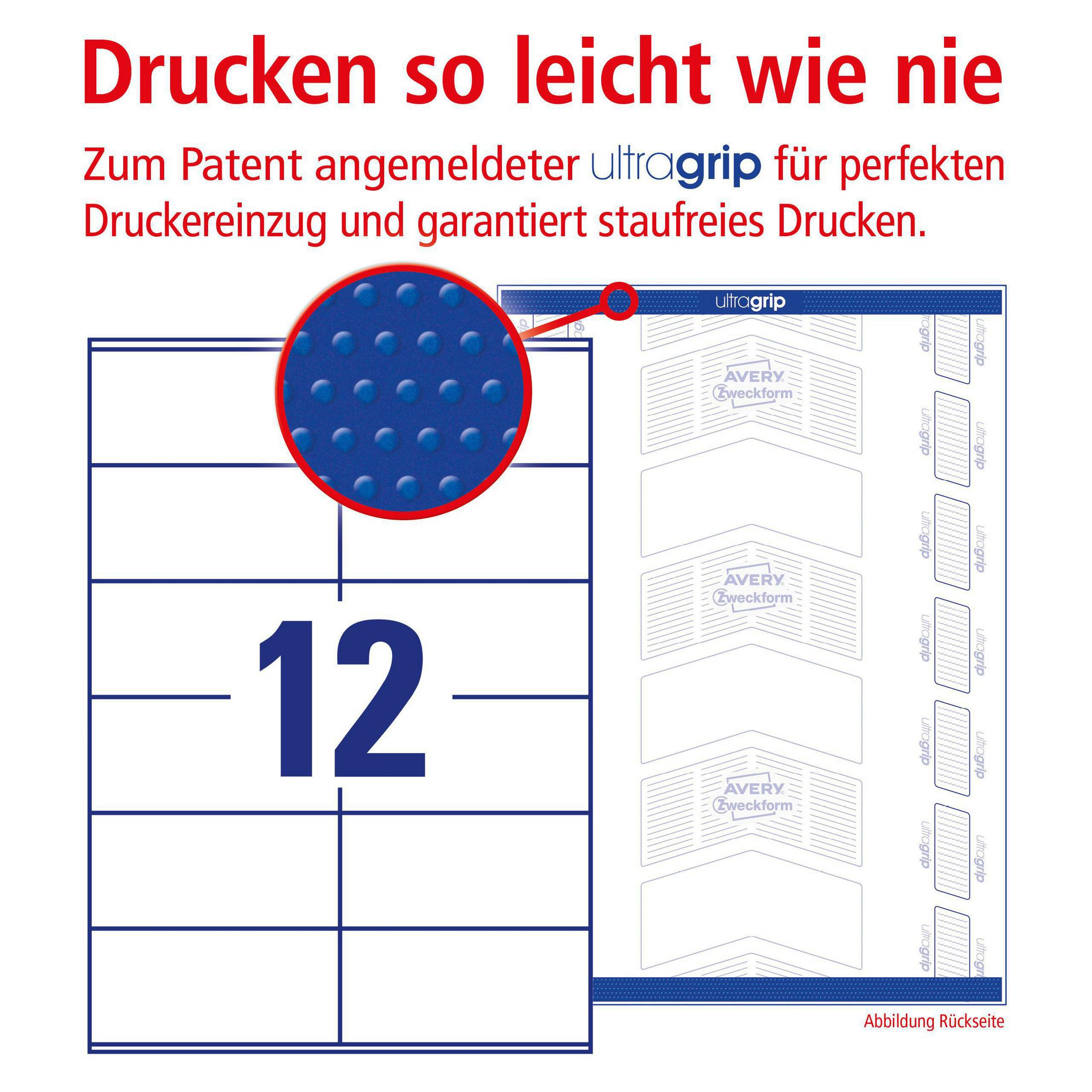 Ein Bogen Etikettenaufkleber mit Nahaufnahme. Text auf Deutsch und blauer Punkt.