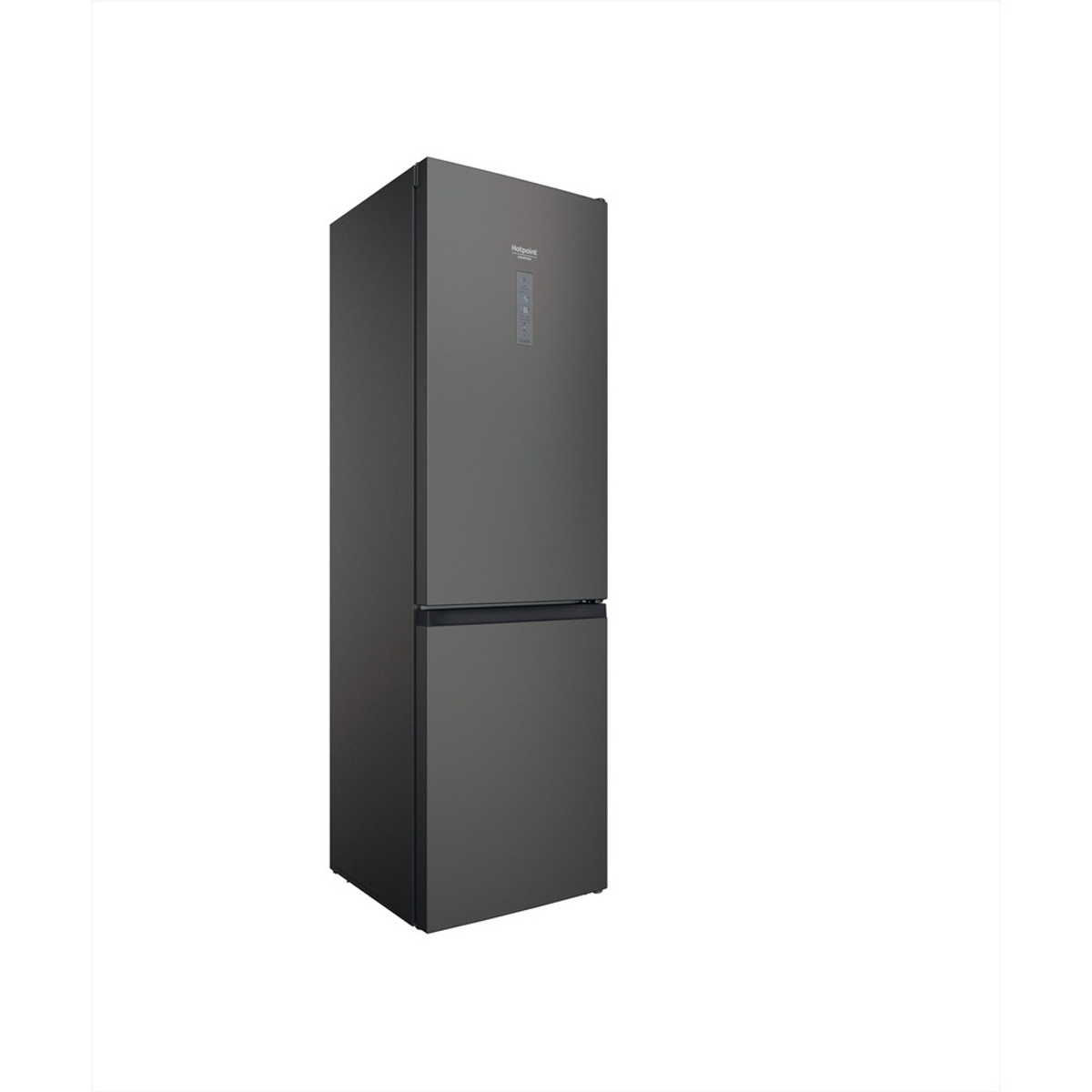 Frigorífico negro de dos puertas. La puerta inferior está ligeramente empotrada.